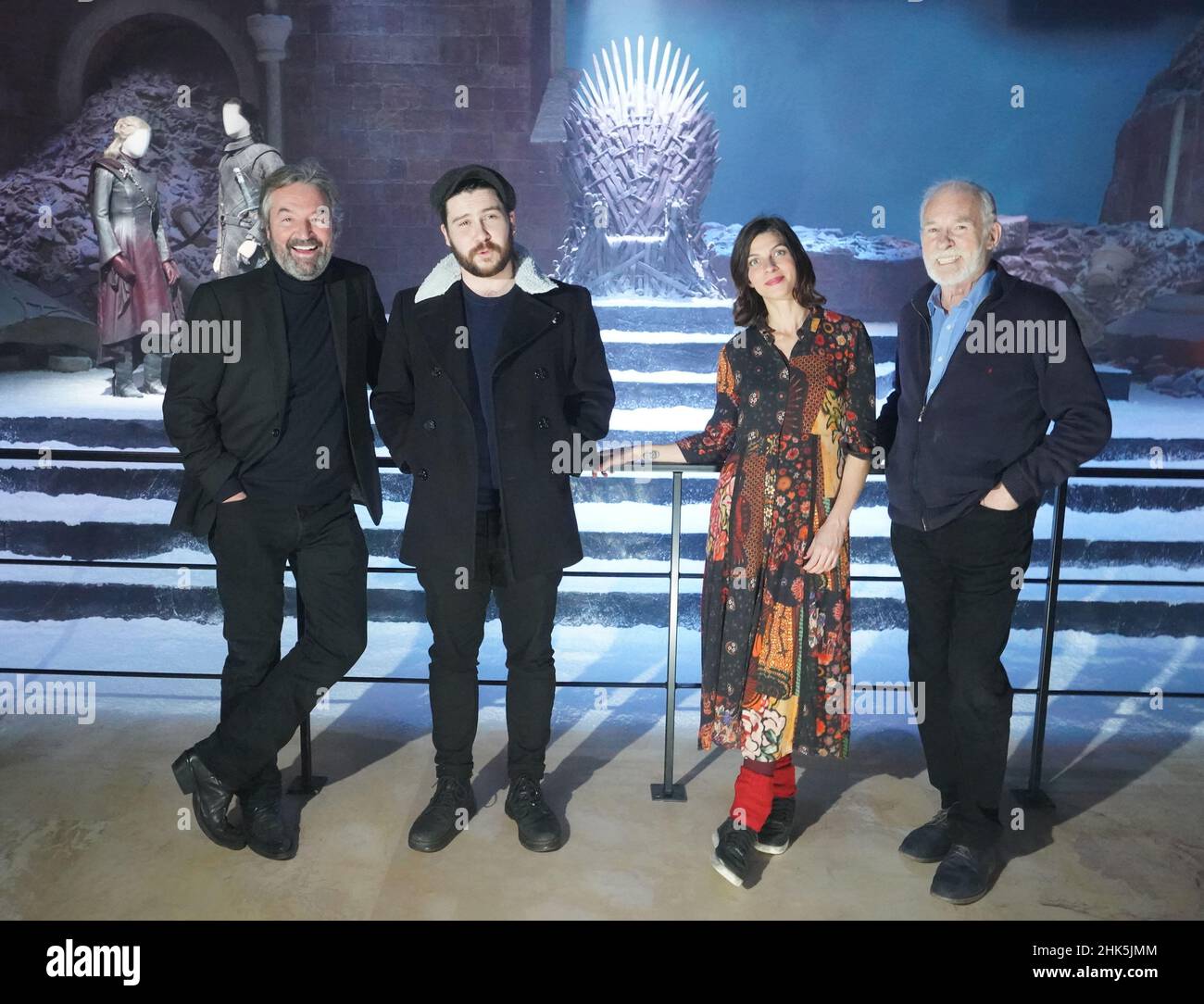 L-R Cast members Ian Beattie, Daniel Portman, Natalia Tena and Ian McElhinney pose for photos during a preview day of the Game of Thrones Studio Tour at the Linen Mill Studios in Banbridge, Northern Ireland, which opens to the public on February, 4th. Picture date: Wednesday February 2, 2022. Stock Photo
