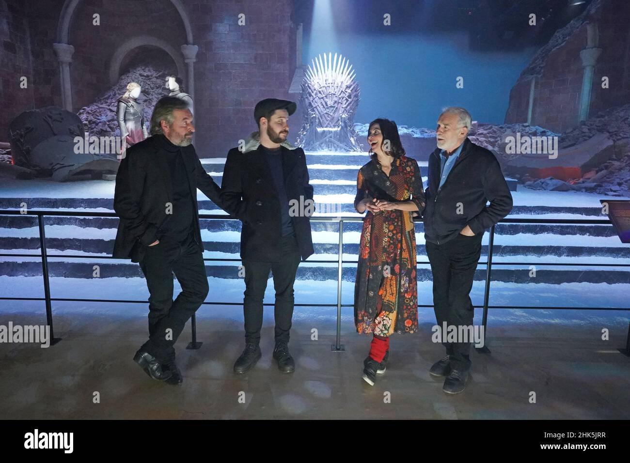 L-R Cast members Ian Beattie, Daniel Portman, Natalia Tena and Ian McElhinney pose for photos during a preview day of the Game of Thrones Studio Tour at the Linen Mill Studios in Banbridge, Northern Ireland, which opens to the public on February, 4th. Picture date: Wednesday February 2, 2022. Stock Photo