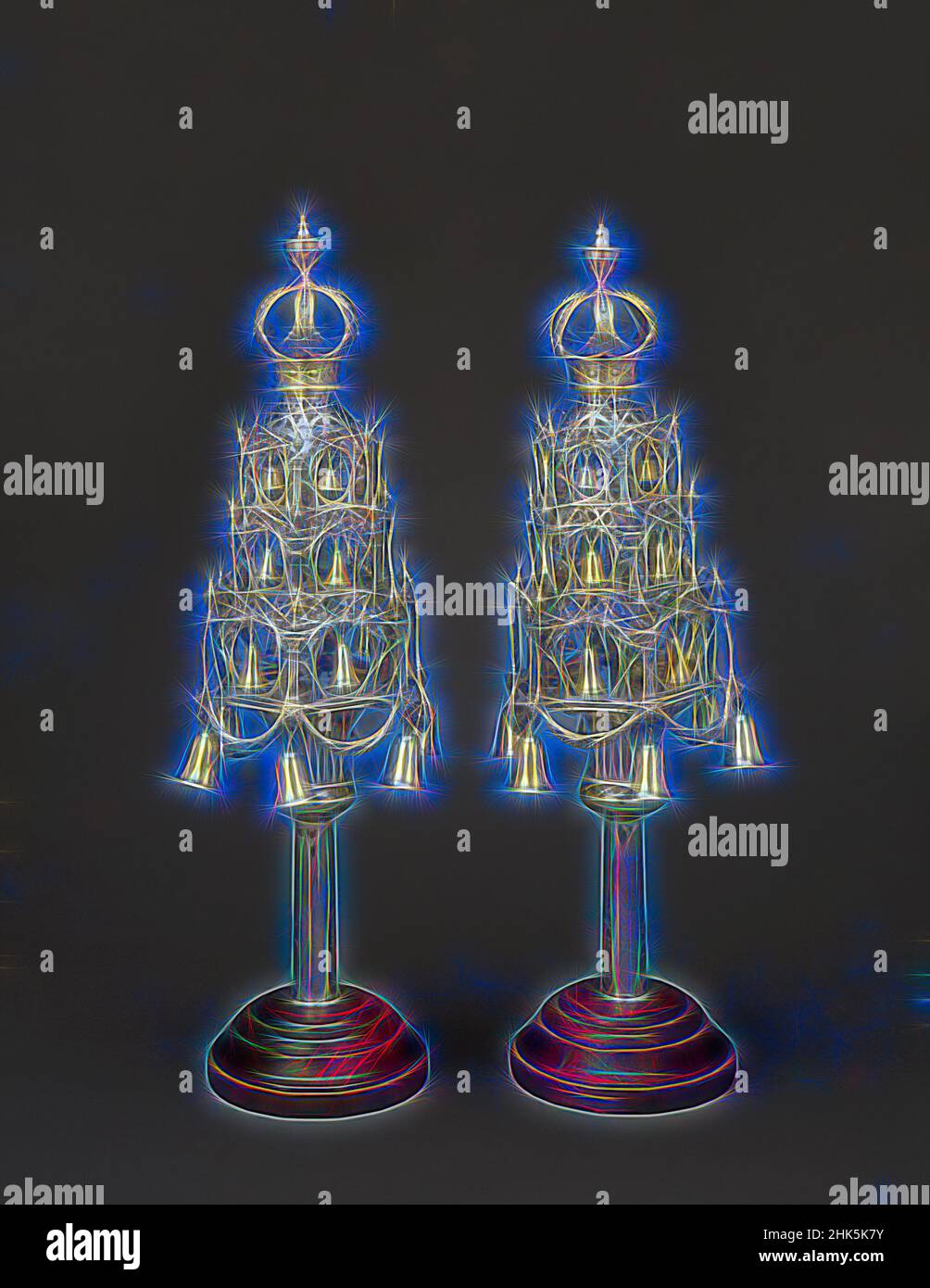 Inspired by Pair of Torah Finials, Wilhelmus Angenendt, Dutch (born Germany), 1737–1817, 1778, Silver with gilding, Made in Amsterdam, Noord-Holland, Netherlands, Europe, Metalwork, height: 18 3/8 in. (46.7 cm, Reimagined by Artotop. Classic art reinvented with a modern twist. Design of warm cheerful glowing of brightness and light ray radiance. Photography inspired by surrealism and futurism, embracing dynamic energy of modern technology, movement, speed and revolutionize culture Stock Photo