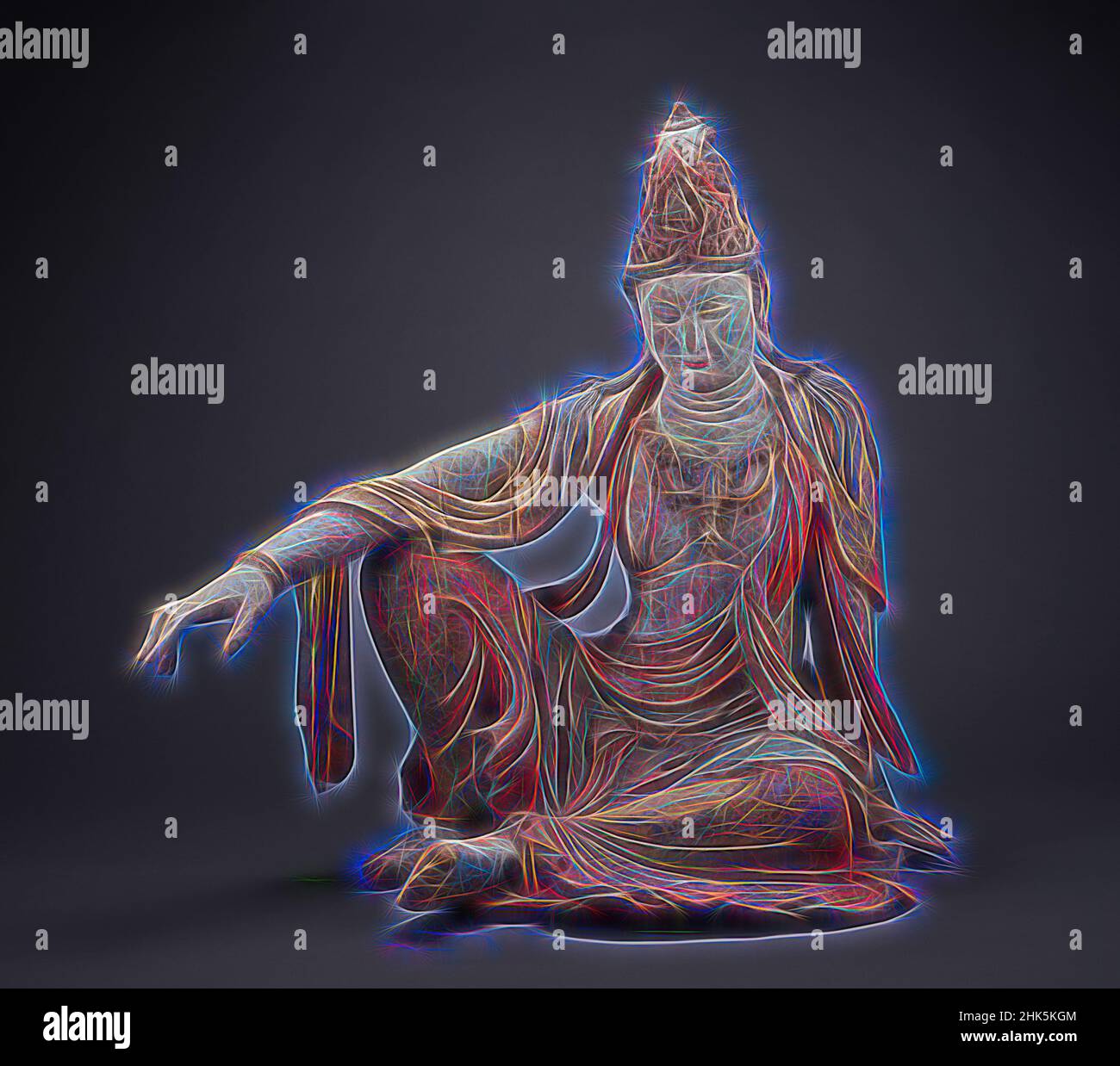 Inspired by Seated Bodhisattva Avalokiteśvara (Guanyin) of Water-Moon Form, Chinese, Liao dynasty, 907–1125, or Northern Song dynasty, 960–1127, or Jin dynasty, 1115–1234, 11th–12th century, Wood, gesso, and pigment with gilding, Made in Shanxi province, China, Asia, Sculpture, wood, height: 39 in. (, Reimagined by Artotop. Classic art reinvented with a modern twist. Design of warm cheerful glowing of brightness and light ray radiance. Photography inspired by surrealism and futurism, embracing dynamic energy of modern technology, movement, speed and revolutionize culture Stock Photo