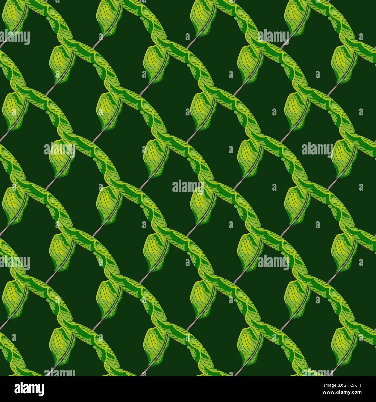 Diagonal green tropic palm shapes seamless doodle pattern. Dark background. Abstract print. Vector illustration for seasonal textile prints, fabric, b Stock Vector