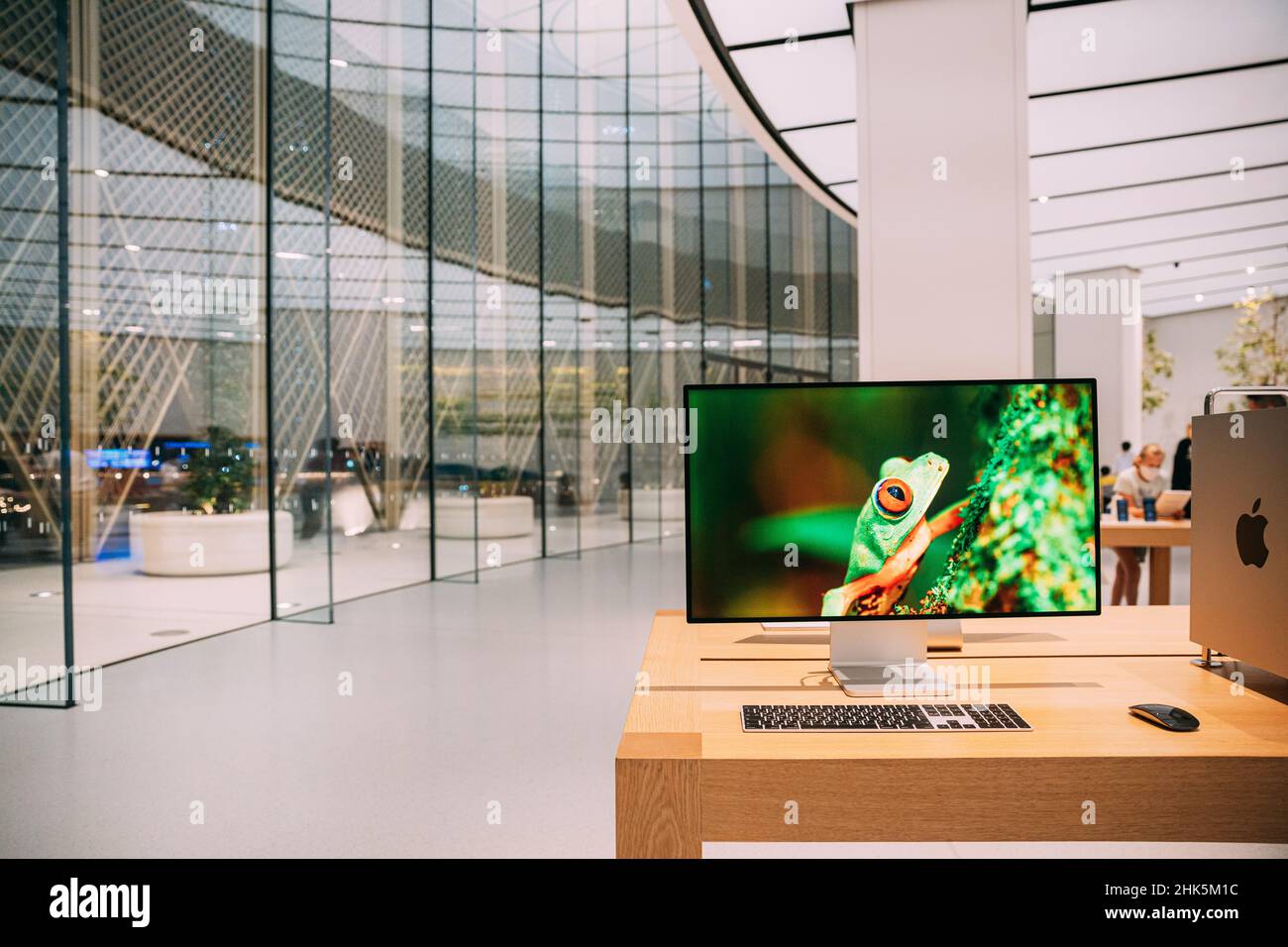 Dubai, UAE - May 22, 2021: interior Apple Store in Dubai Mall. Apple Mac Pro And Display  Smartphones Presents On Showcase. Apple Store in Mall of the Stock Photo