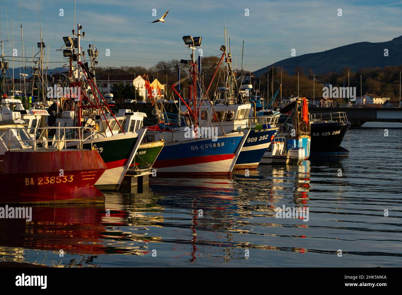 Fishing boats in the harbour of Saint Jean de Luz, Basque Country, Pyrenees Atlantiques, France Stock Photo