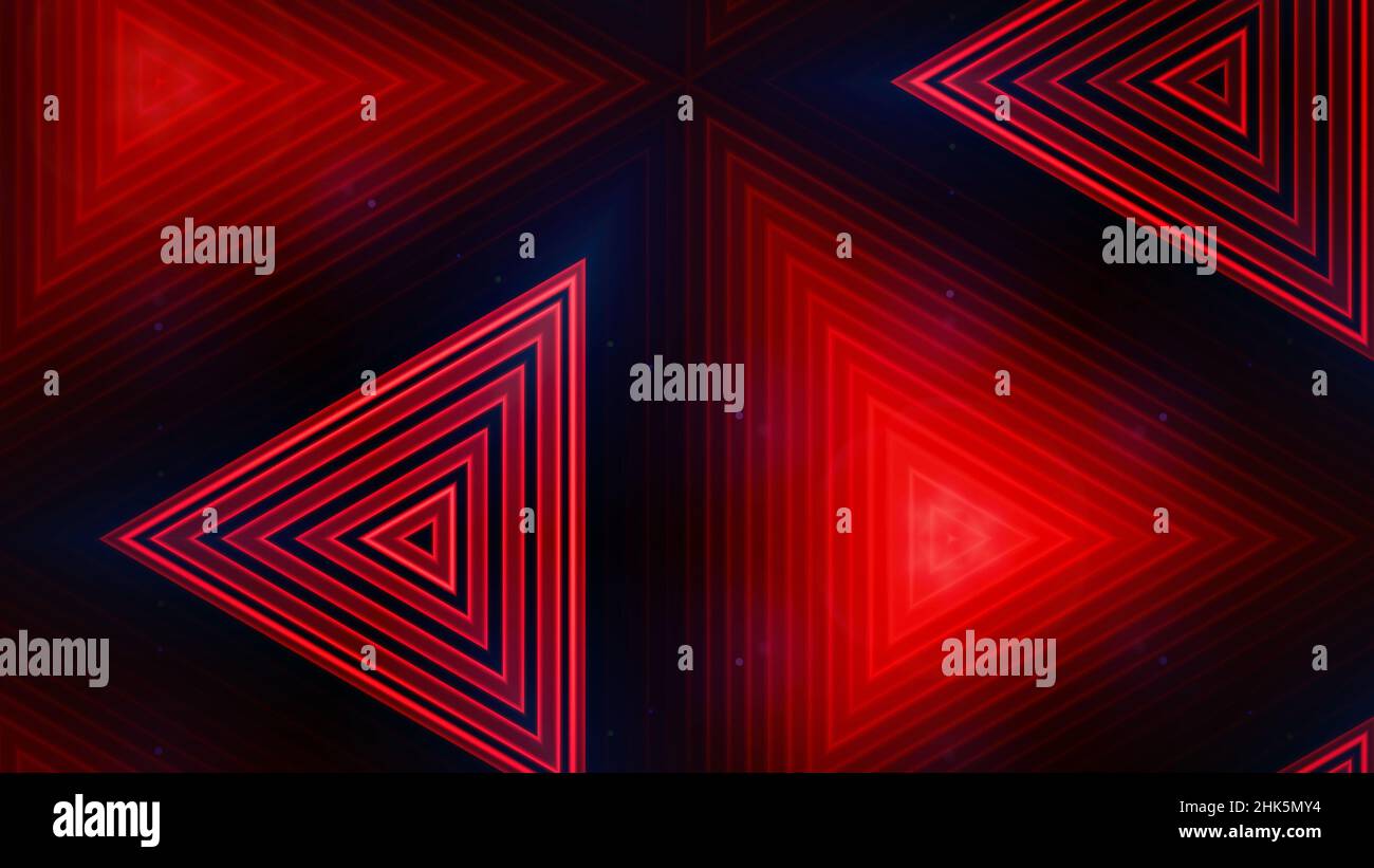 Concentric triangles made of red neon tubes, looking like the entrance of a space tunnel. Retro futuristic background. Stock Photo