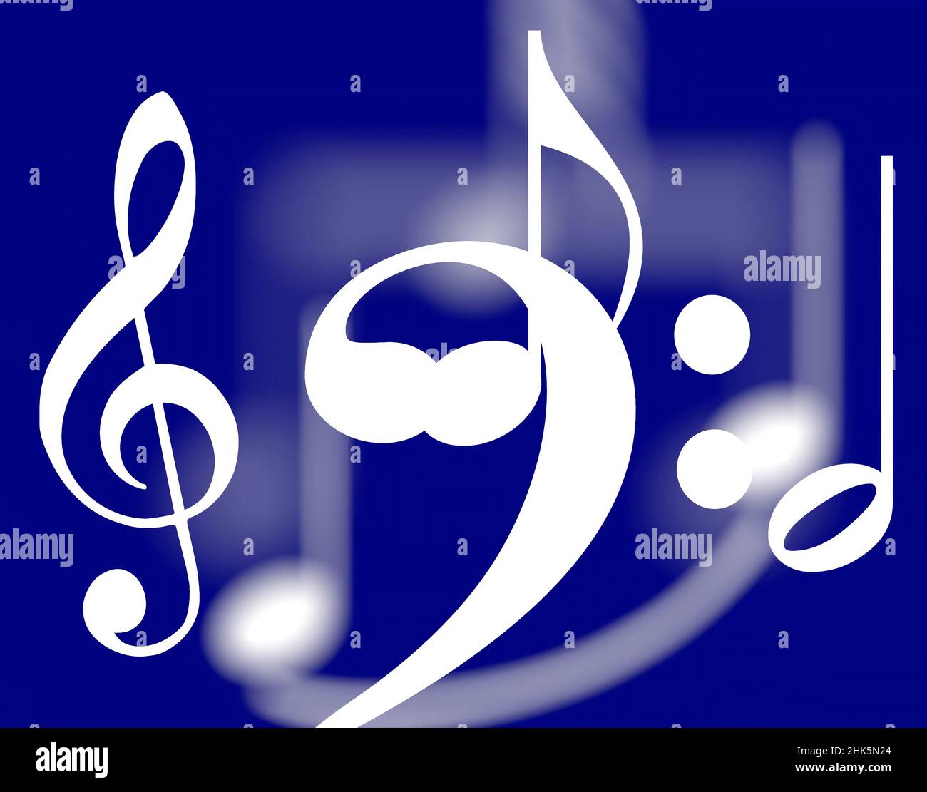 Musical notes and symbols, some in focus and some blurred in the distance. White on blue. Stock Photo