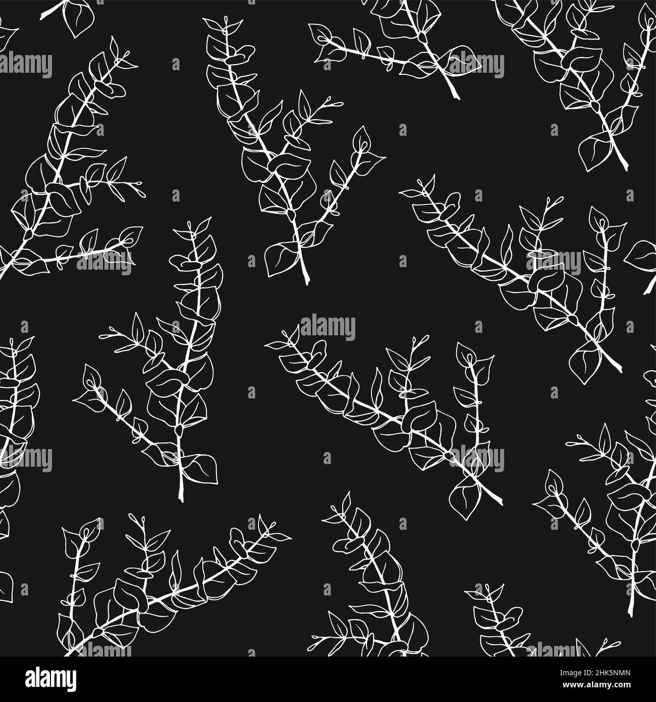 Minimal eucalyptus leaves twig seamless pattern, vector hand drawn illustration isolated on black background Stock Vector