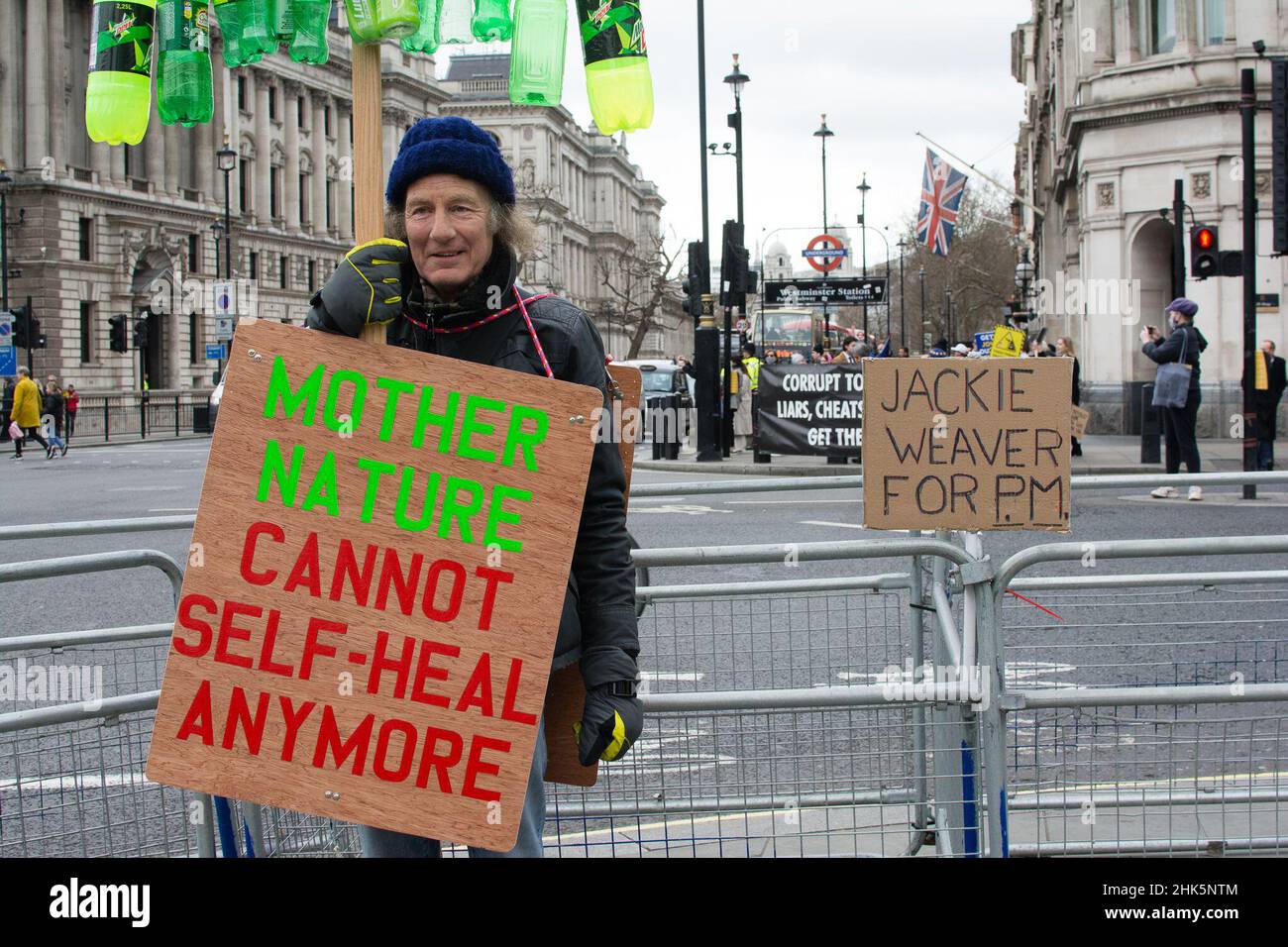 Parliament Square, London, 2nd February 2022. Rob is been protesting everyday of climate change for three years. Stock Photo