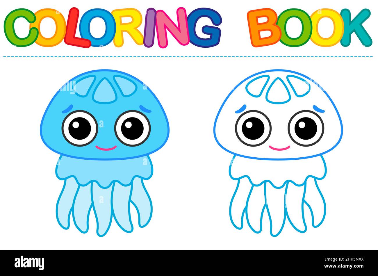 Coloring page cartoon smiling blue jellyfish. Vector coloring book for ...