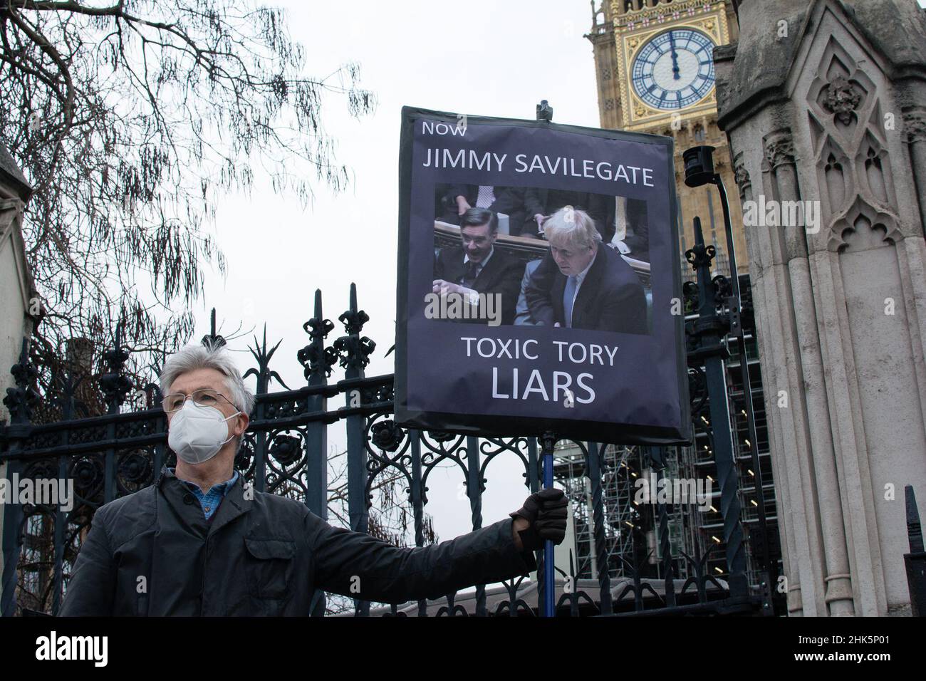 Parliament Square, London, 2nd February 2022. British people have Enough is enough, Boris Johnson liar. We have a cost of living crisis, an energy crisis, NHS in tatters, poverty, food banks, party gate, curbs on civil liberties and countless more diabolical acts and #vaccinepassport.  (during PMQ). Johnson’s temporizing policy must not succeed! Stock Photo