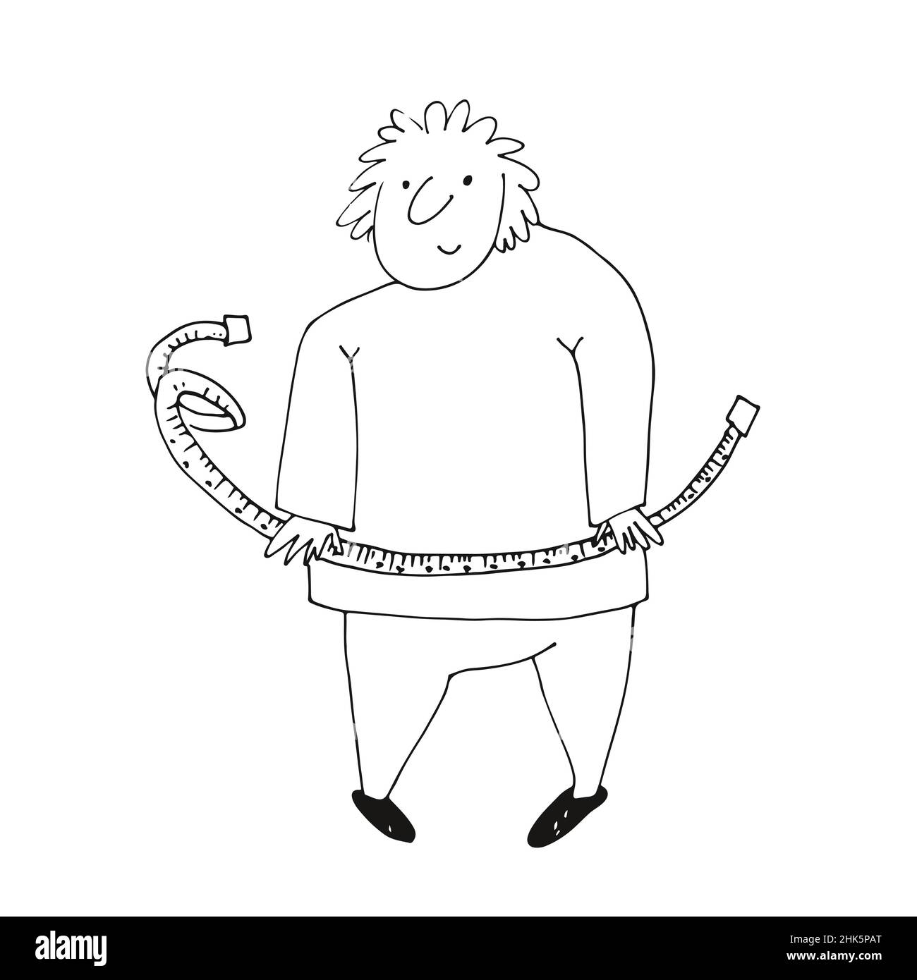 Fat man with the measuring tape, a funny character, hand drawn vector illustration isolated on a white background Stock Vector