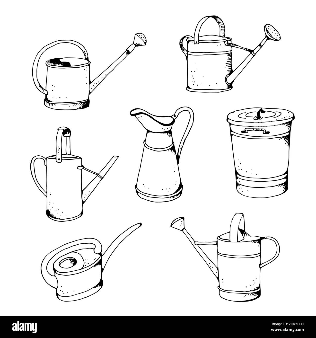 Garden watering can vector illustration, hand drawn sketch set Stock Vector