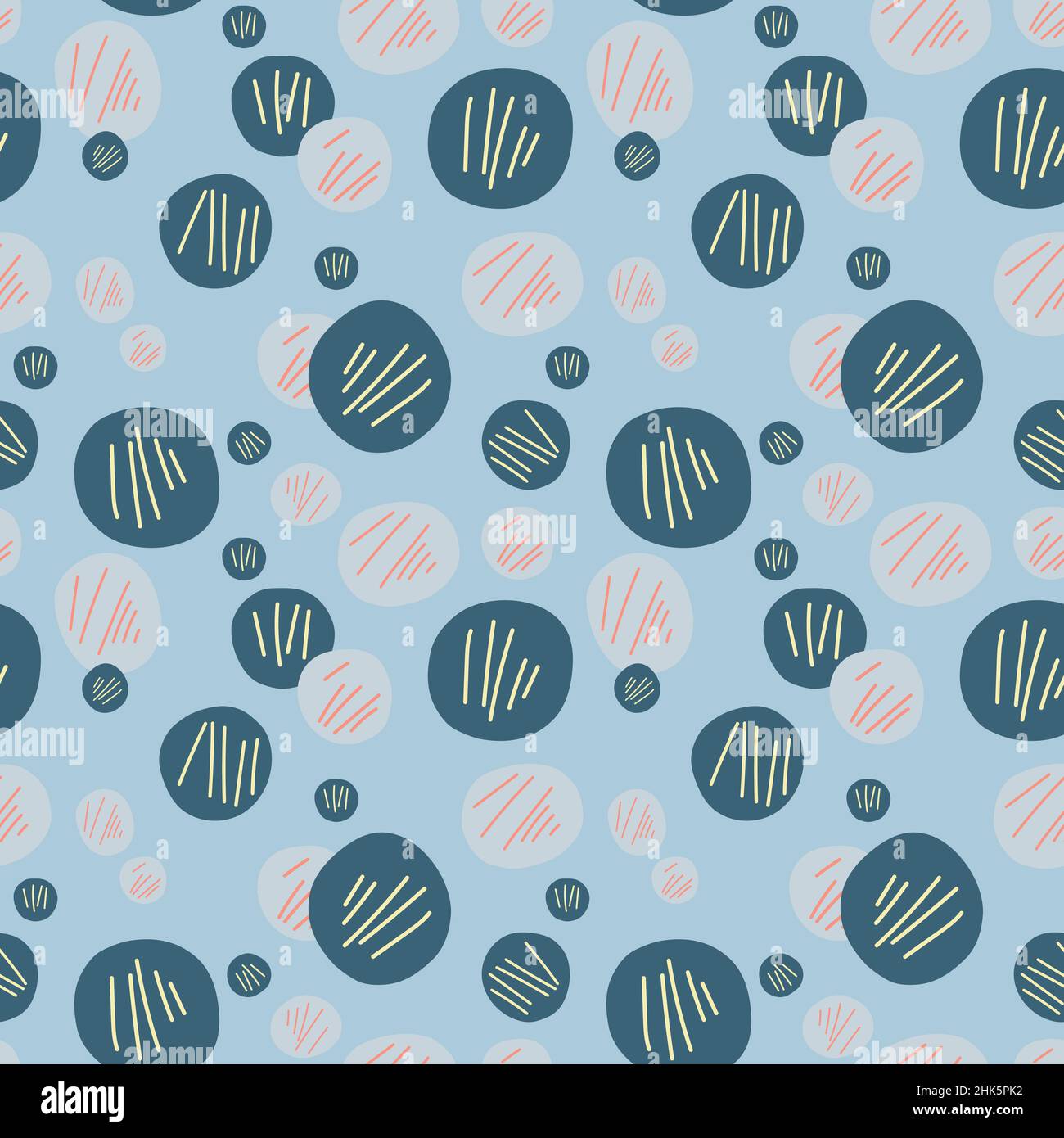 Circles seamless pattern on blue background. Hand drawn doodle style vector. Stock Vector