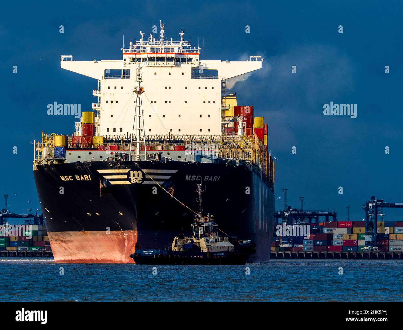 Global Trade Shipping - Container Ship MSC Bari being manoeuvred into port at Felixstowe UK. Stock Photo