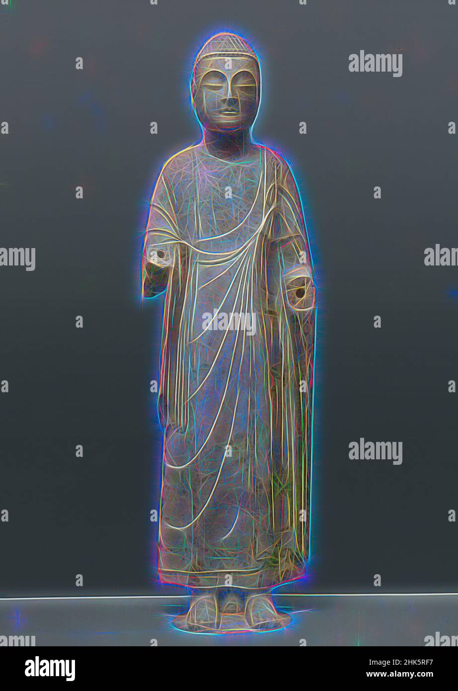Inspired by Standing Sâkyamuni Buddha, Chinese, Northern Qi dynasty, 550–577, or Sui dynasty, 581–618, late 6th century, Marble with traces of pigment, Made in Shanxi province, China, Asia, Sculpture, stone & mineral, height from bottom of pedestal insert to top of head: 74 in. (188 cm, Reimagined by Artotop. Classic art reinvented with a modern twist. Design of warm cheerful glowing of brightness and light ray radiance. Photography inspired by surrealism and futurism, embracing dynamic energy of modern technology, movement, speed and revolutionize culture Stock Photo