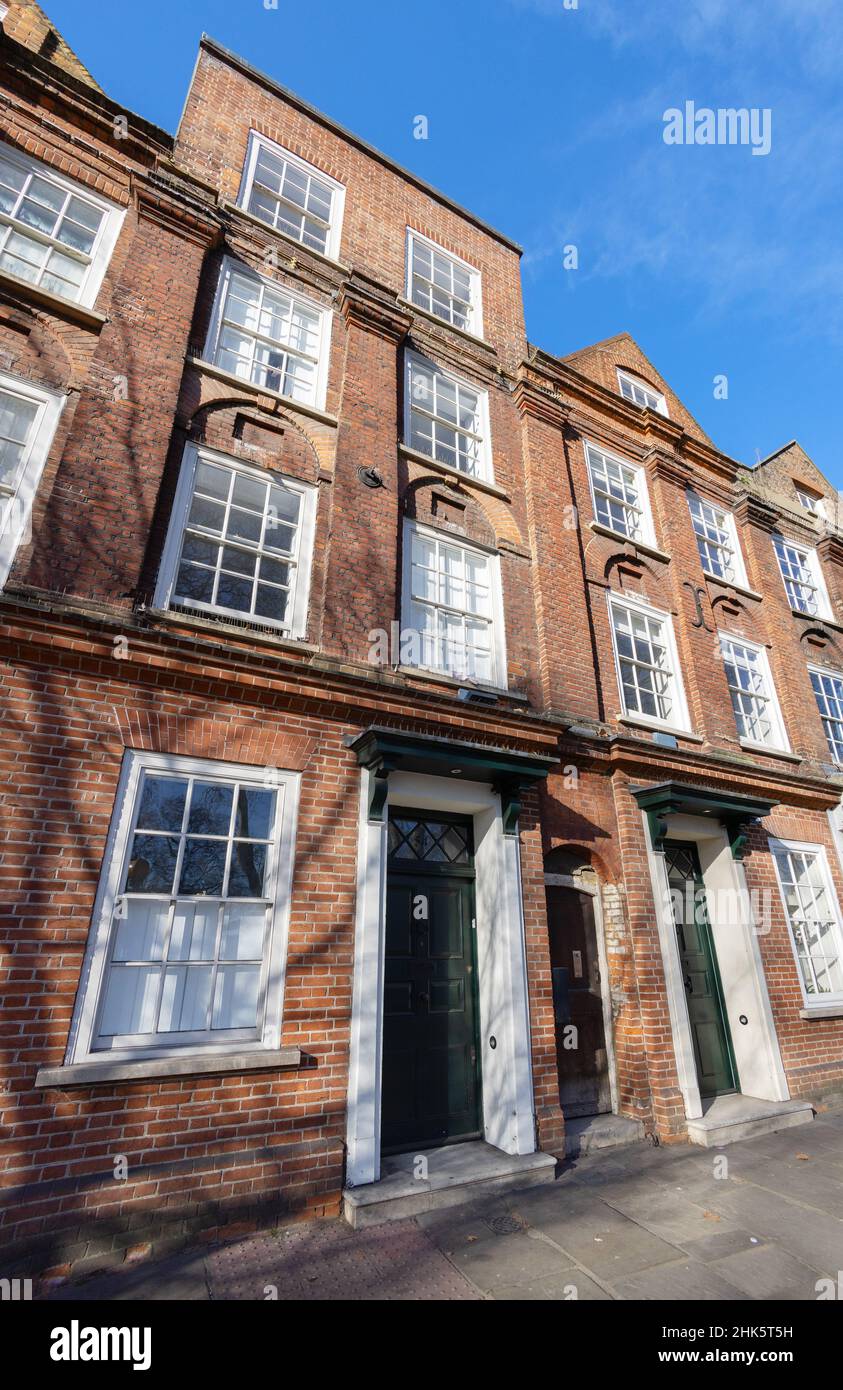 Old houses UK, London; 52-55 Newington Green, Islington/Hackney border, the oldest surviving terraced houses in London, built in 1658 London UK Stock Photo