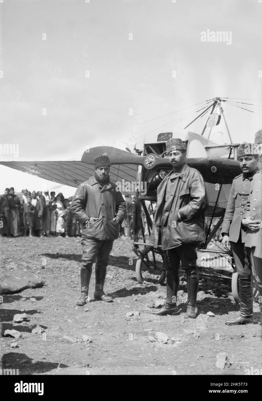 Vintage photo dated May 1, 1914 of the pioneering Turkish aviators Captain Salim bey and Captain Kemal Bey and their Bleriot XI airplane in Jerusalem, Palestine May 1, 1914.  The photo was taken during their attempt to be the first to fly between Istanbul and Alexandria, Egypt. Stock Photo