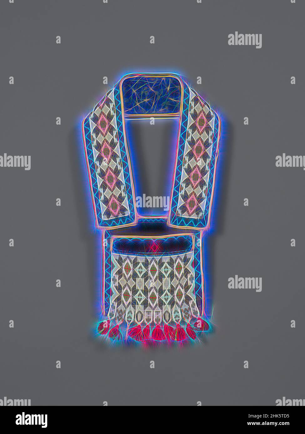 Inspired by Bandolier Bag, Anishinaabe, or Menominee, c.1880, Glass beads, yarn, wool yarn, wool cloth, and cotton cloth, Wisconsin, United States, North and Central America, Jewelry & personal accessories, textiles, 25 × 9 1/2 in. (63.5 × 24.1 cm, Reimagined by Artotop. Classic art reinvented with a modern twist. Design of warm cheerful glowing of brightness and light ray radiance. Photography inspired by surrealism and futurism, embracing dynamic energy of modern technology, movement, speed and revolutionize culture Stock Photo