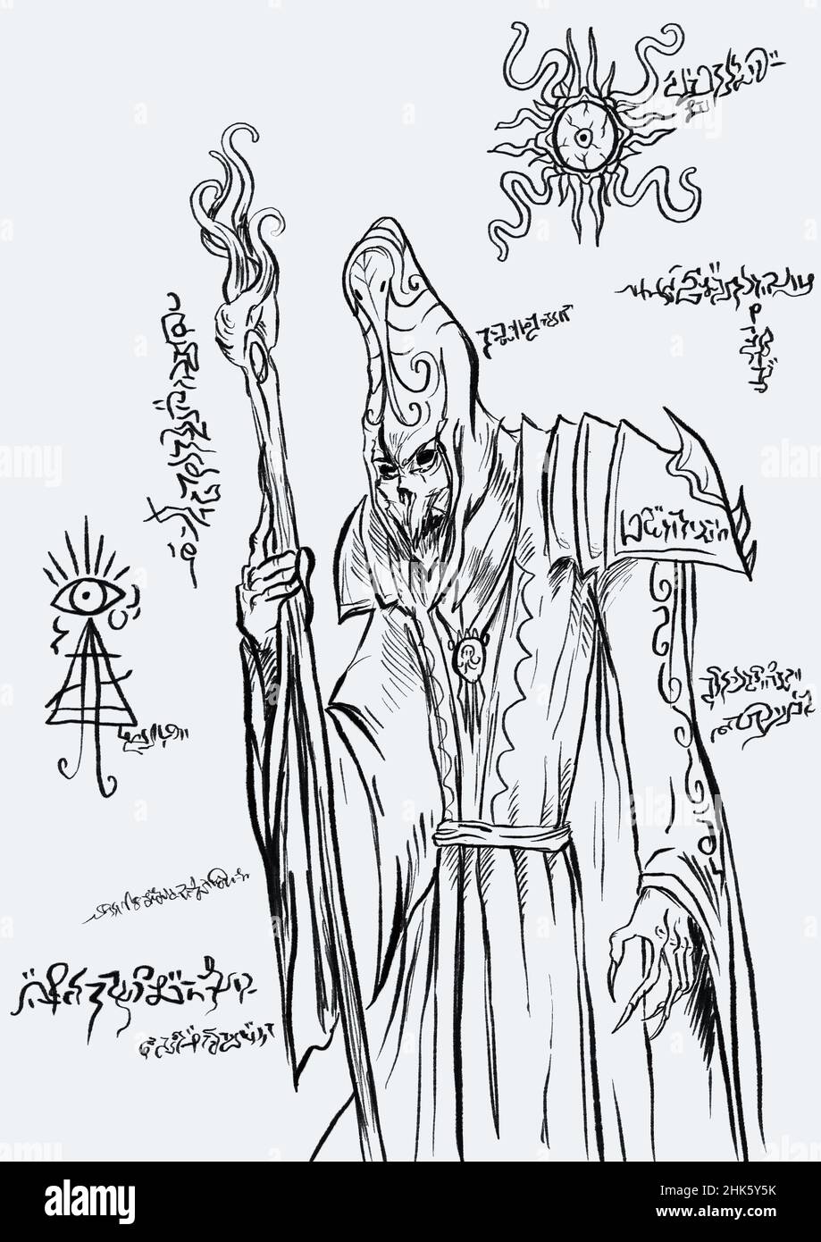 Necronomicon magic page with monsters and demons Stock Photo - Alamy