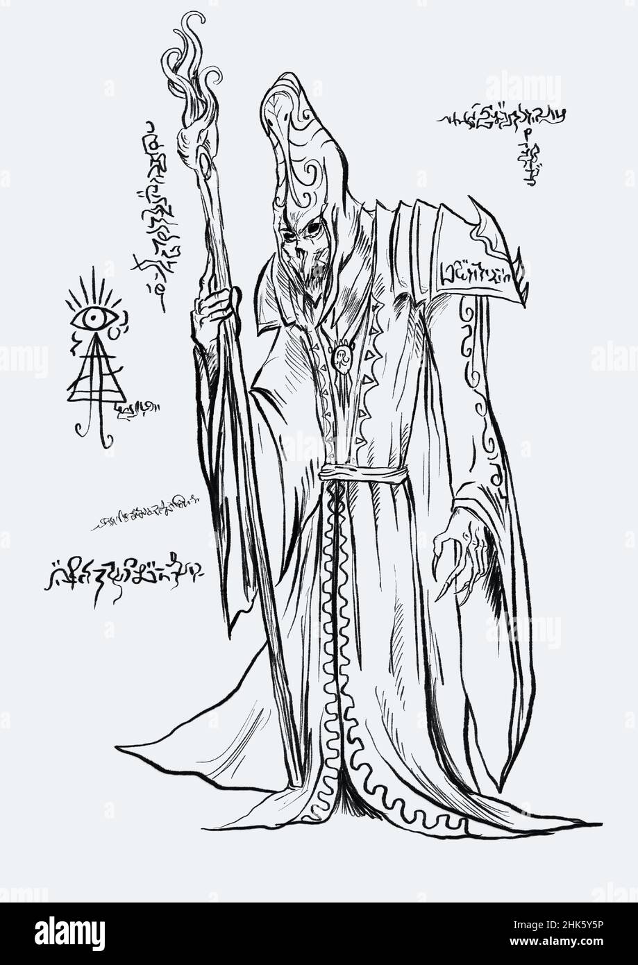 Necronomicon magic page with monsters and demons Stock Photo - Alamy