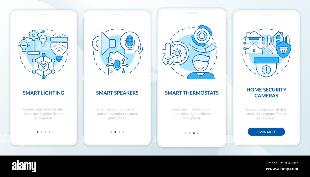 Smart home gadgets blue onboarding mobile app screen Stock Vector