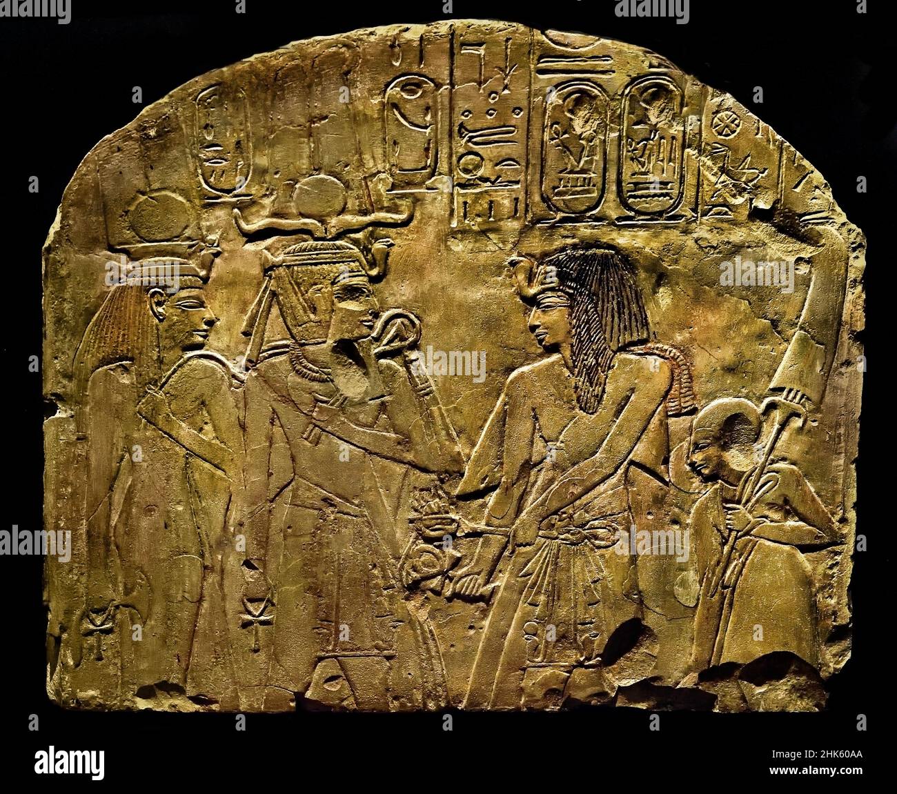 Stela depicting Sethy I and a vizier adoring Amenhotep I and Ahmose Nefertari, Stone / limestone, 56 x 75.5 x 14 cm, 1279–1213 BC, New Kingdom, 19th,  Nineteenth Dynasty, Ramesses II,Deir el-Medina, Egypt (Museo Egizio di Torino Italy) Stock Photo