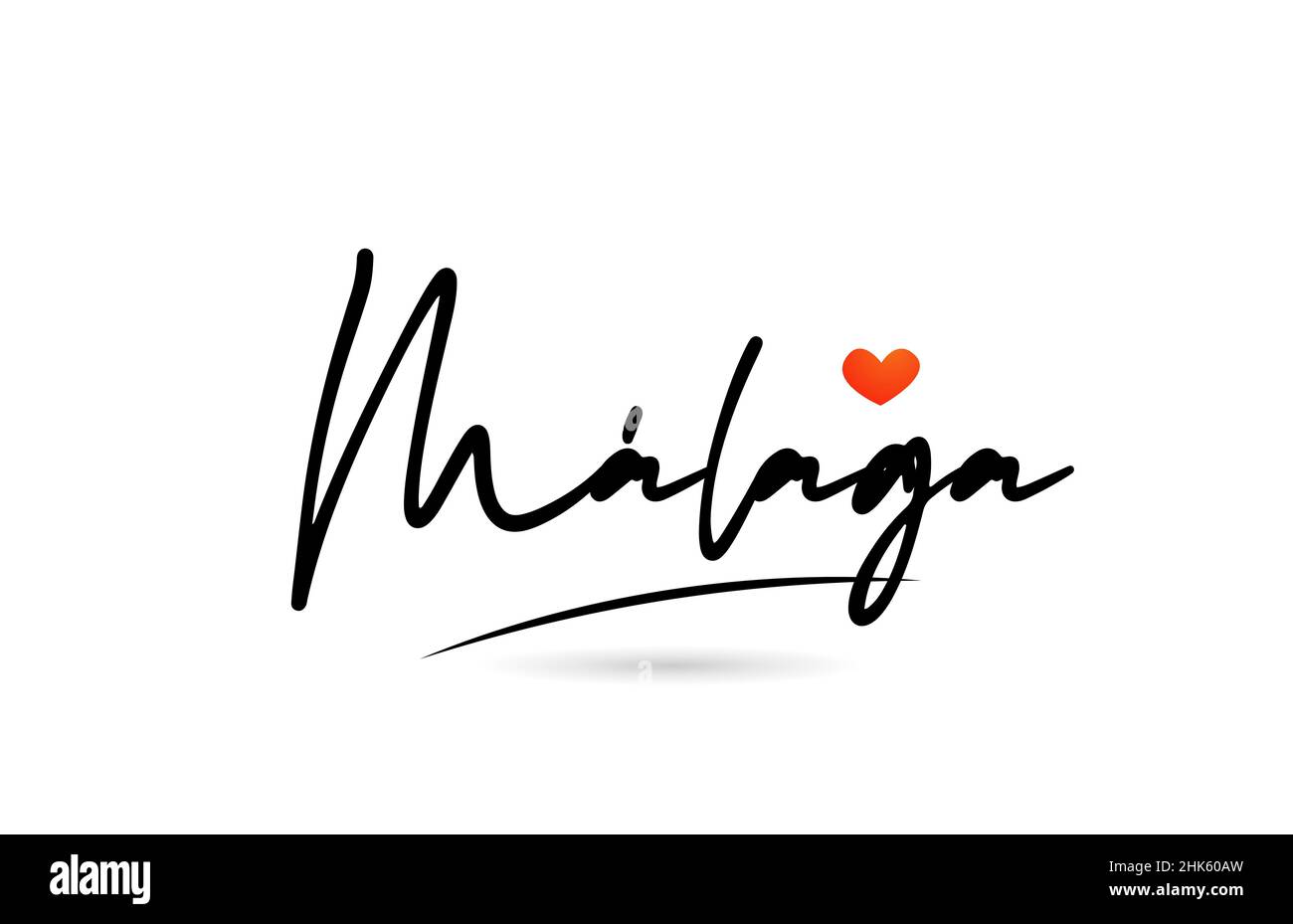 Málaga city text with red love heart design.  Typography handwritten icon design Stock Vector