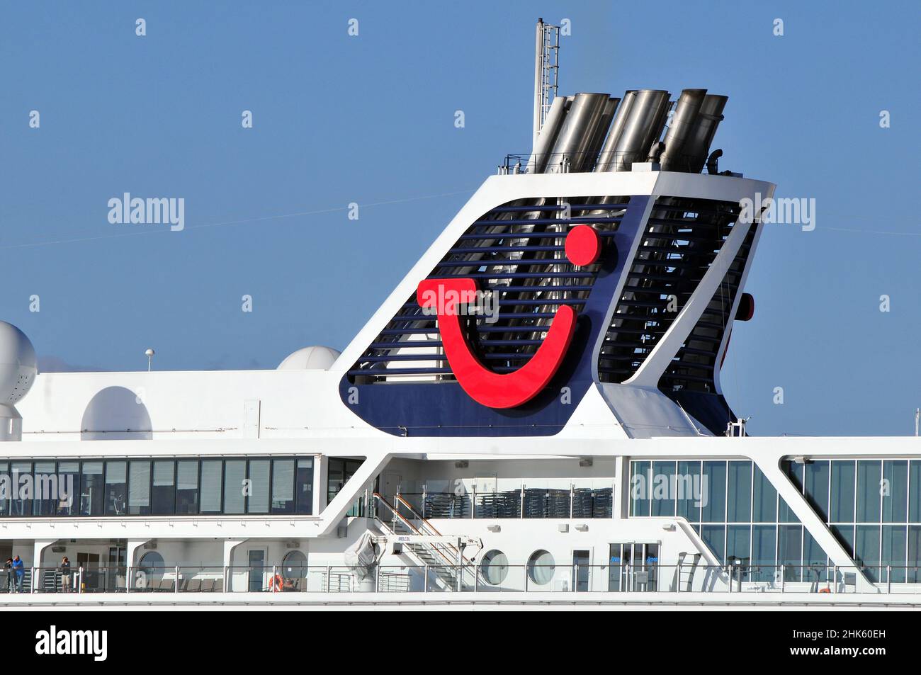 Funnel of the TUI Cruises ship Mein Schiff1 on a cruise in the Canary Islands in January 2019 Stock Photo