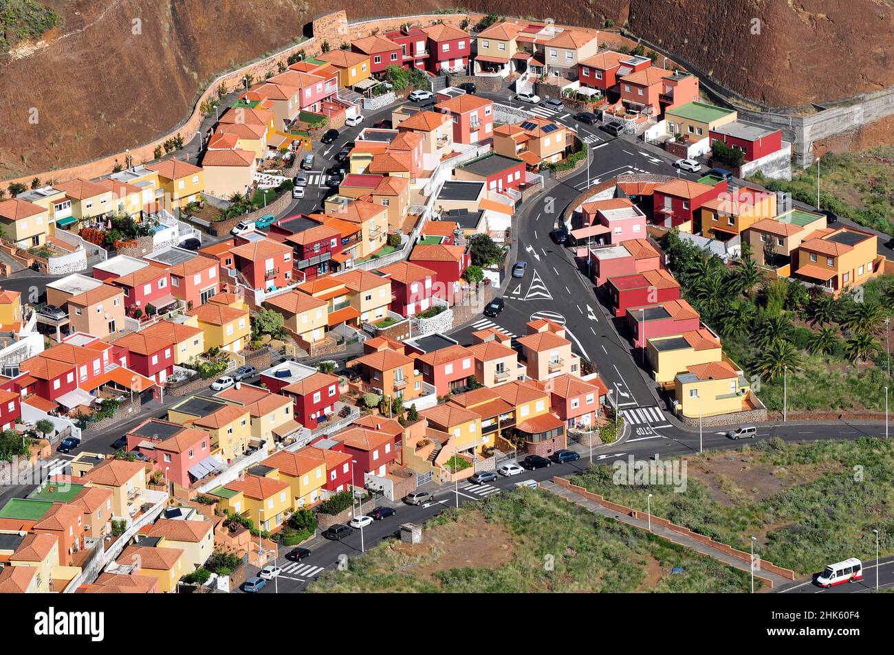 Modern housing development in a volcanic caldera outside Santa Cruz de la Palma, Canary Islands Stock Photo