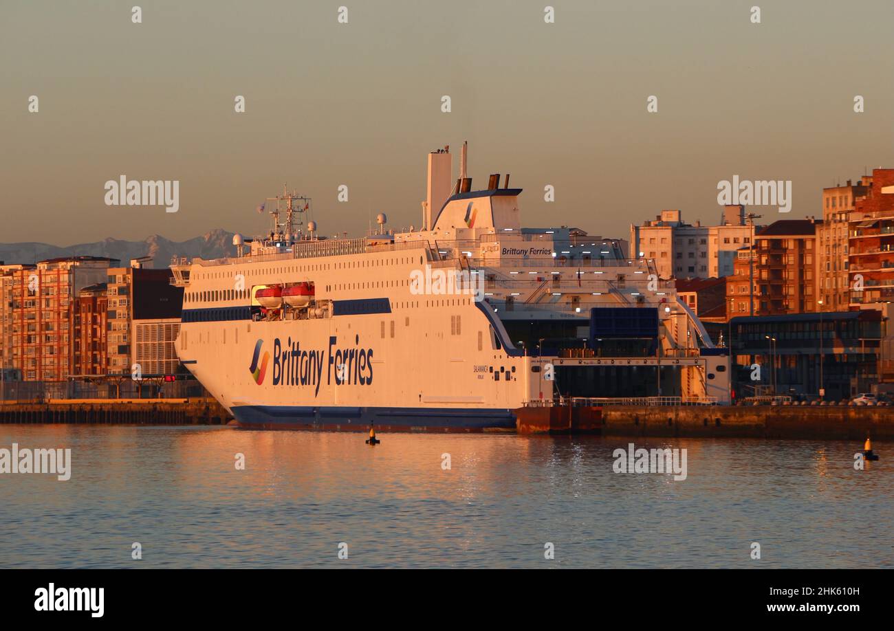 New Brittany Ferries ship the Salamanca is powered by Liquefied Natural Gas LNG Starts operating from March 2022 in dawn sunlight Santander Spain Stock Photo
