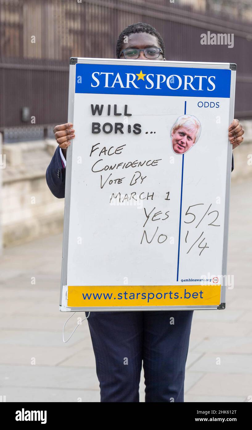 London, UK. 2nd Feb, 2022. Sporting odds board on Boris Johnson, outside the Houses of Parliament, Credit: Ian Davidson/Alamy Live News Stock Photo