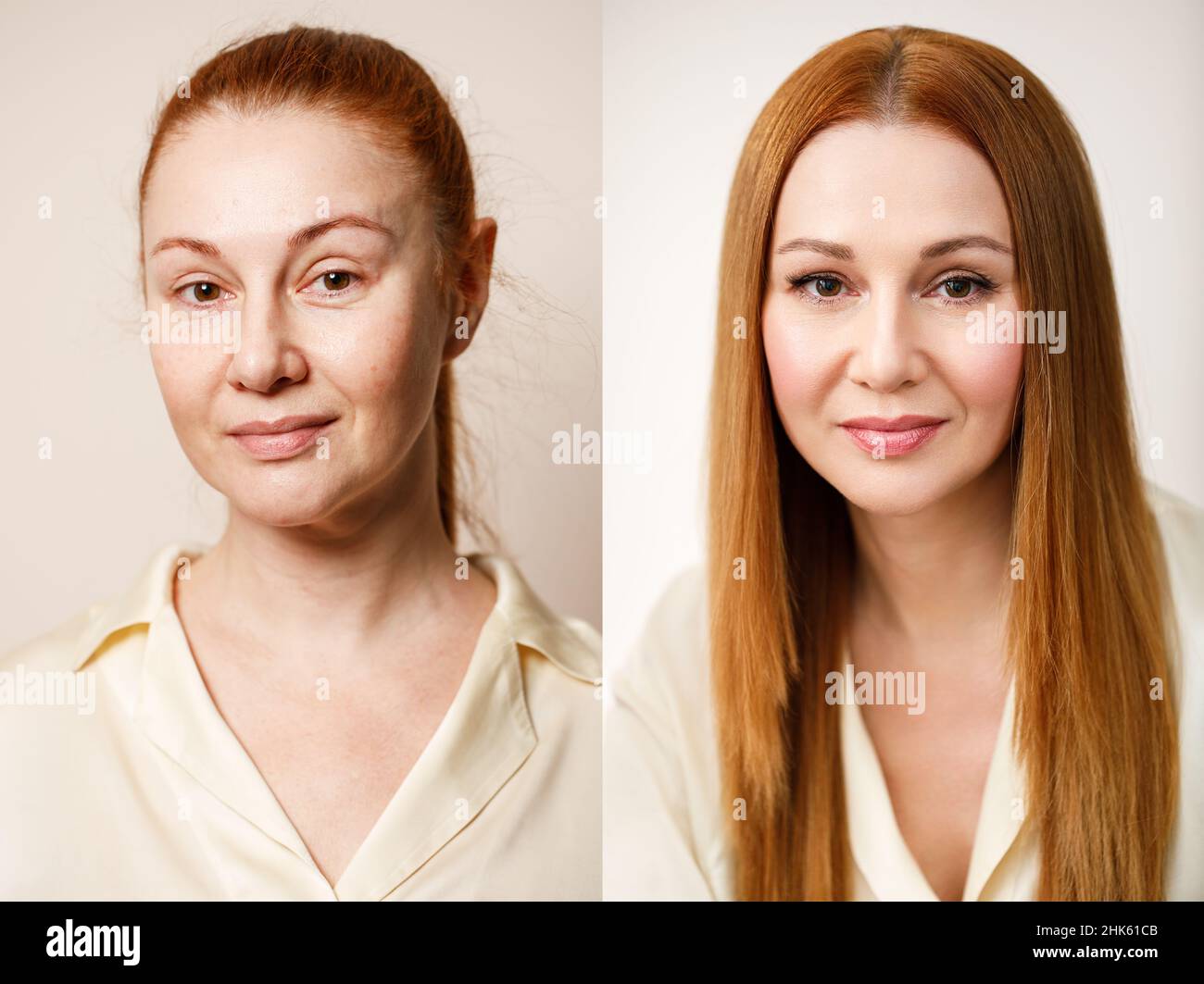 Woman before and after makeup. . The concept of transformation, beauty after applying makeup with a makeup artist. Result without retouching Stock Photo