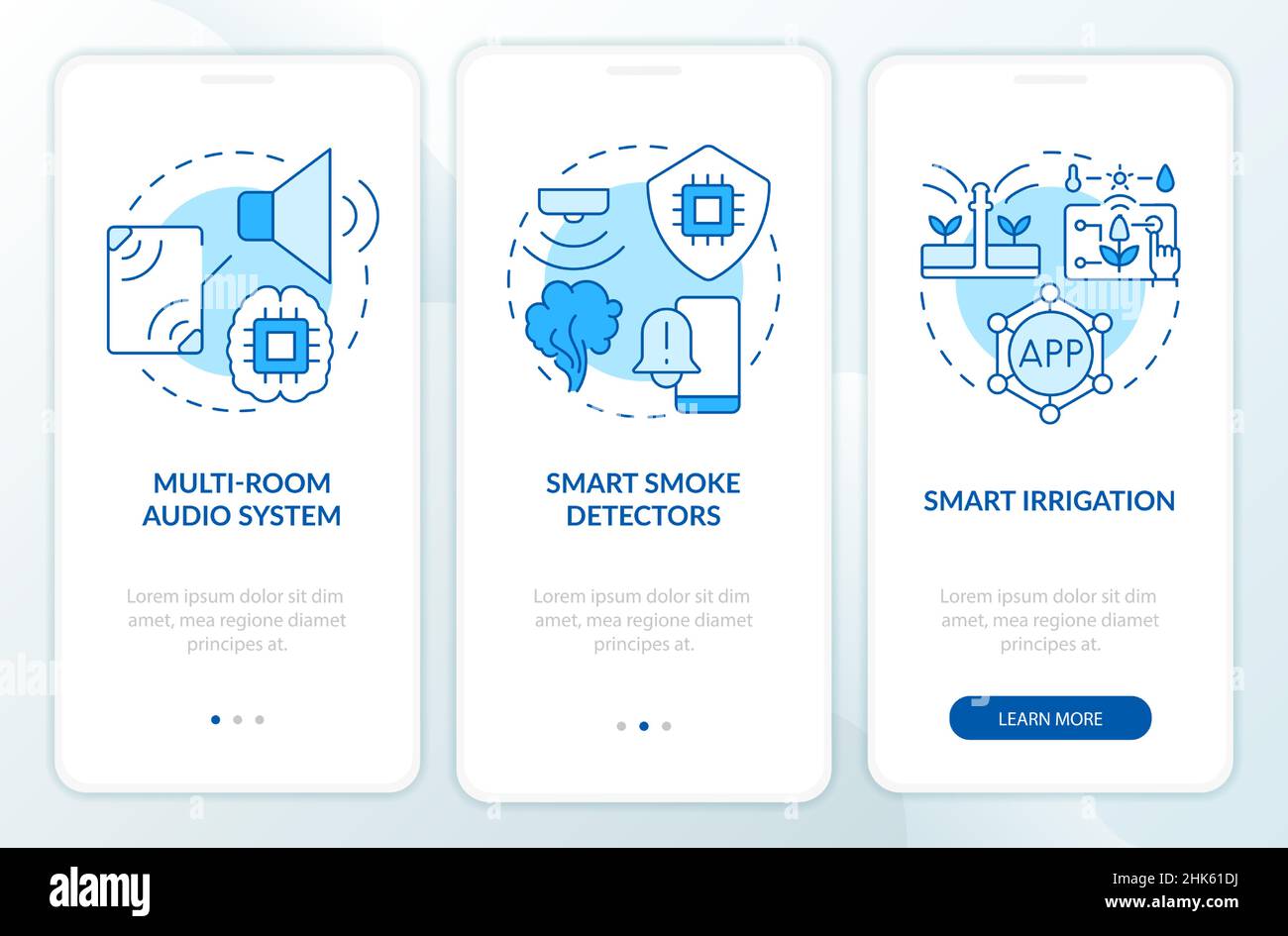 Home automation devices blue onboarding mobile app screen Stock Vector