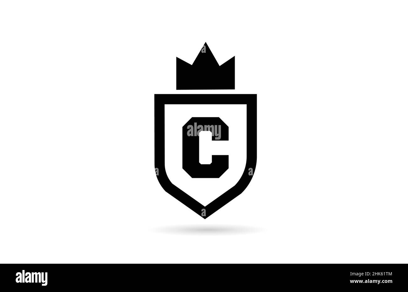 black and white C alphabet letter logo icon with shield and king crown ...