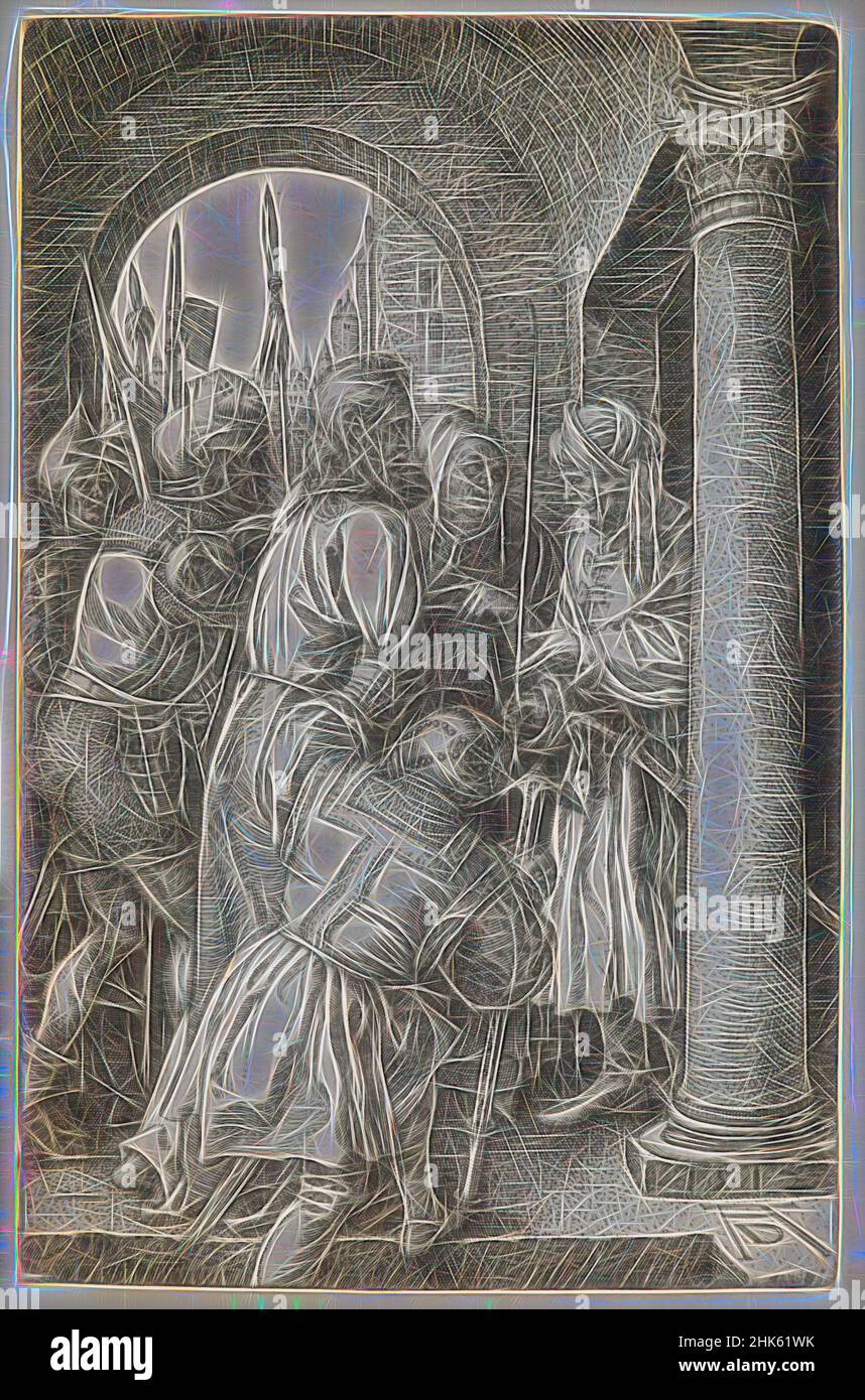 Inspired by Christ before Pilate, from the series 'The Engraved Passion', Albrecht Dürer, German, 1471–1528, 1512, Engraving, Made in Nuremberg, Bavaria, Germany, Europe, Prints, image: 4 1/2 × 2 15/16 in. (11.5 × 7.4 cm, Reimagined by Artotop. Classic art reinvented with a modern twist. Design of warm cheerful glowing of brightness and light ray radiance. Photography inspired by surrealism and futurism, embracing dynamic energy of modern technology, movement, speed and revolutionize culture Stock Photo