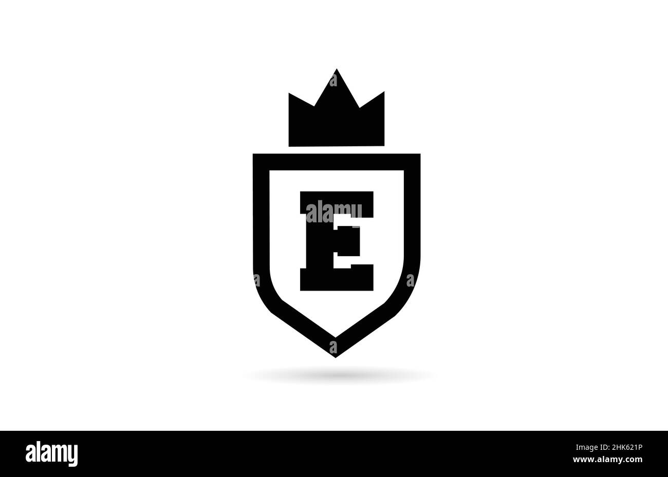 black and white E alphabet letter logo icon with shield and king crown ...