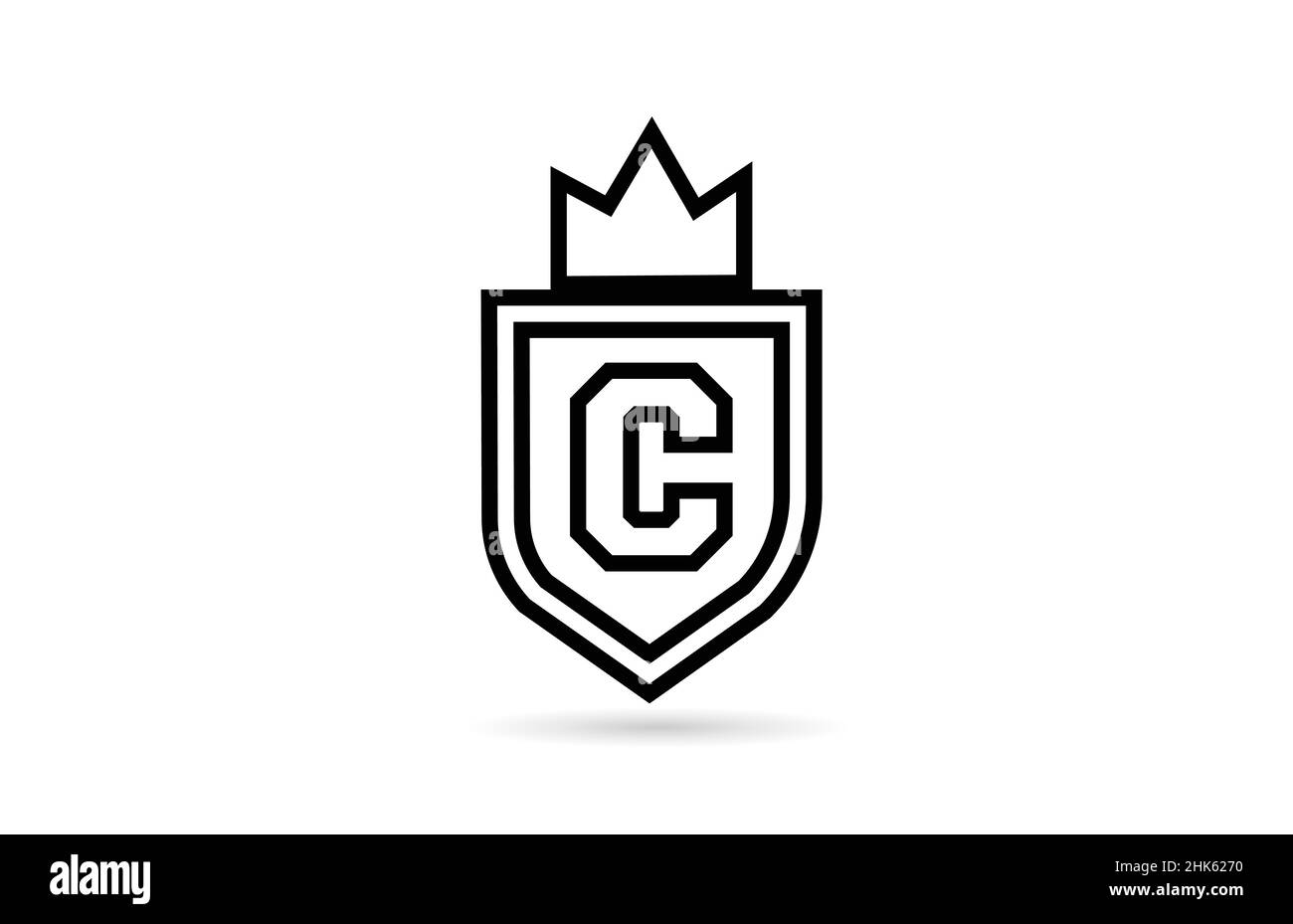 black and white C alphabet letter logo icon with shield and king crown ...