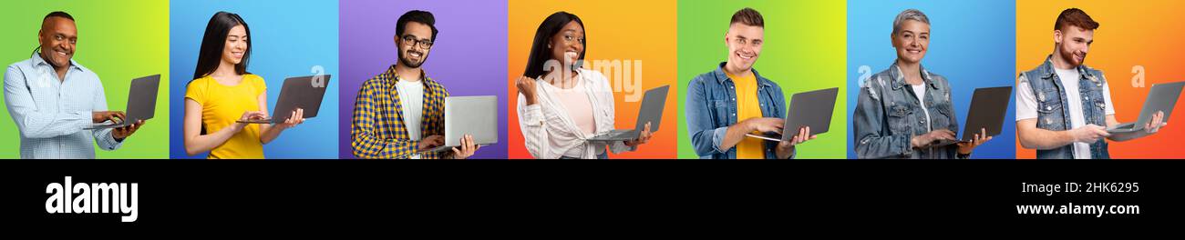 Collage of headshots with diverse men and women using computers over different colored studio backgrounds, panorama Stock Photo