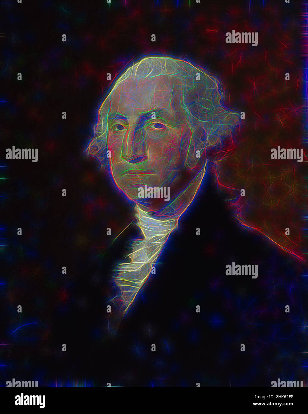 Inspired by George Washington, Gilbert Stuart, American, 1755–1828, c.1820, Oil on panel, Made in Boston, Massachusetts, United States, North and Central America, Paintings, 27 x 21 3/4 in. (68.6 x 55.2 cm, Reimagined by Artotop. Classic art reinvented with a modern twist. Design of warm cheerful glowing of brightness and light ray radiance. Photography inspired by surrealism and futurism, embracing dynamic energy of modern technology, movement, speed and revolutionize culture Stock Photo