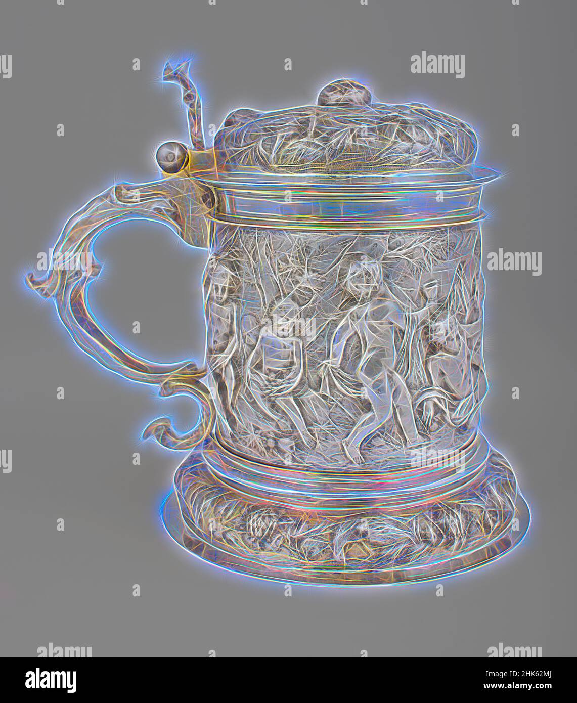 Inspired by Tankard, Peter Öhr I, German, master 1649, died 1662, 1650–60, Silver with gilding, Made in Hamburg, Germany, Europe, Metalwork, 9 3/8 × 10 1/2 × 7 5/8 in. (23.8 × 26.7 × 19.4 cm, Reimagined by Artotop. Classic art reinvented with a modern twist. Design of warm cheerful glowing of brightness and light ray radiance. Photography inspired by surrealism and futurism, embracing dynamic energy of modern technology, movement, speed and revolutionize culture Stock Photo