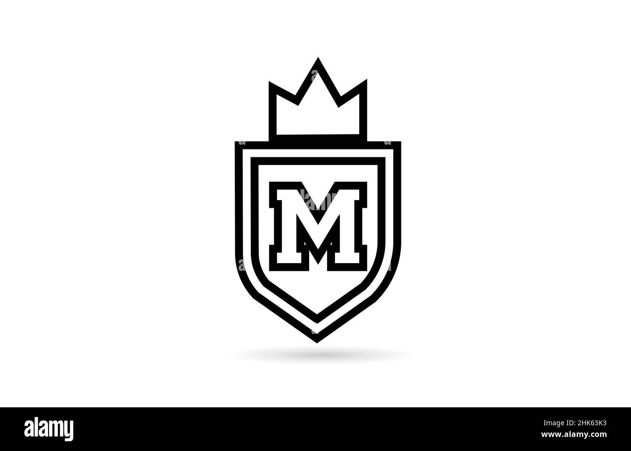 black and white M alphabet letter logo icon with shield and king crown ...