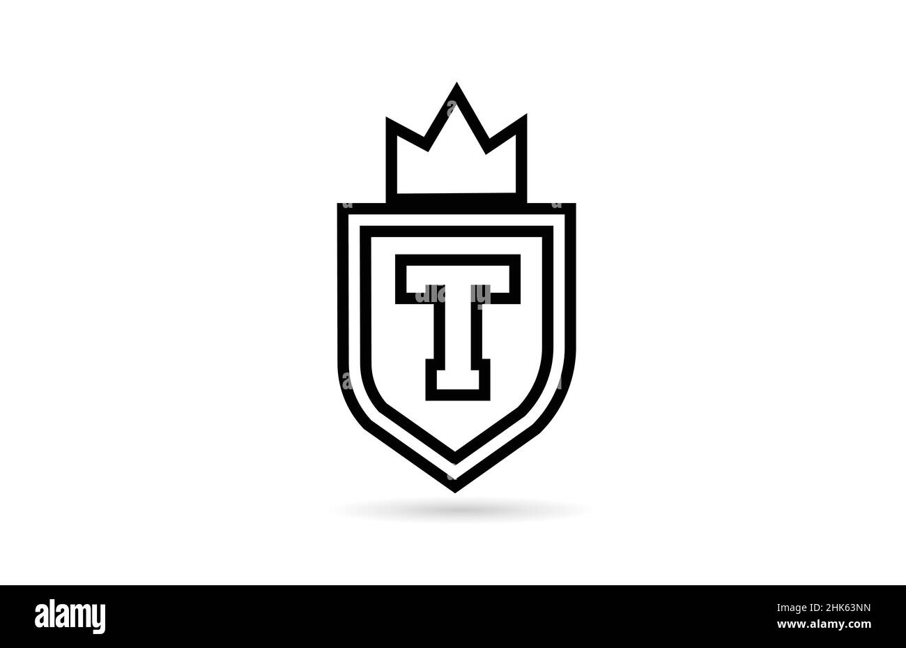 black and white T alphabet letter logo icon with shield and king crown ...