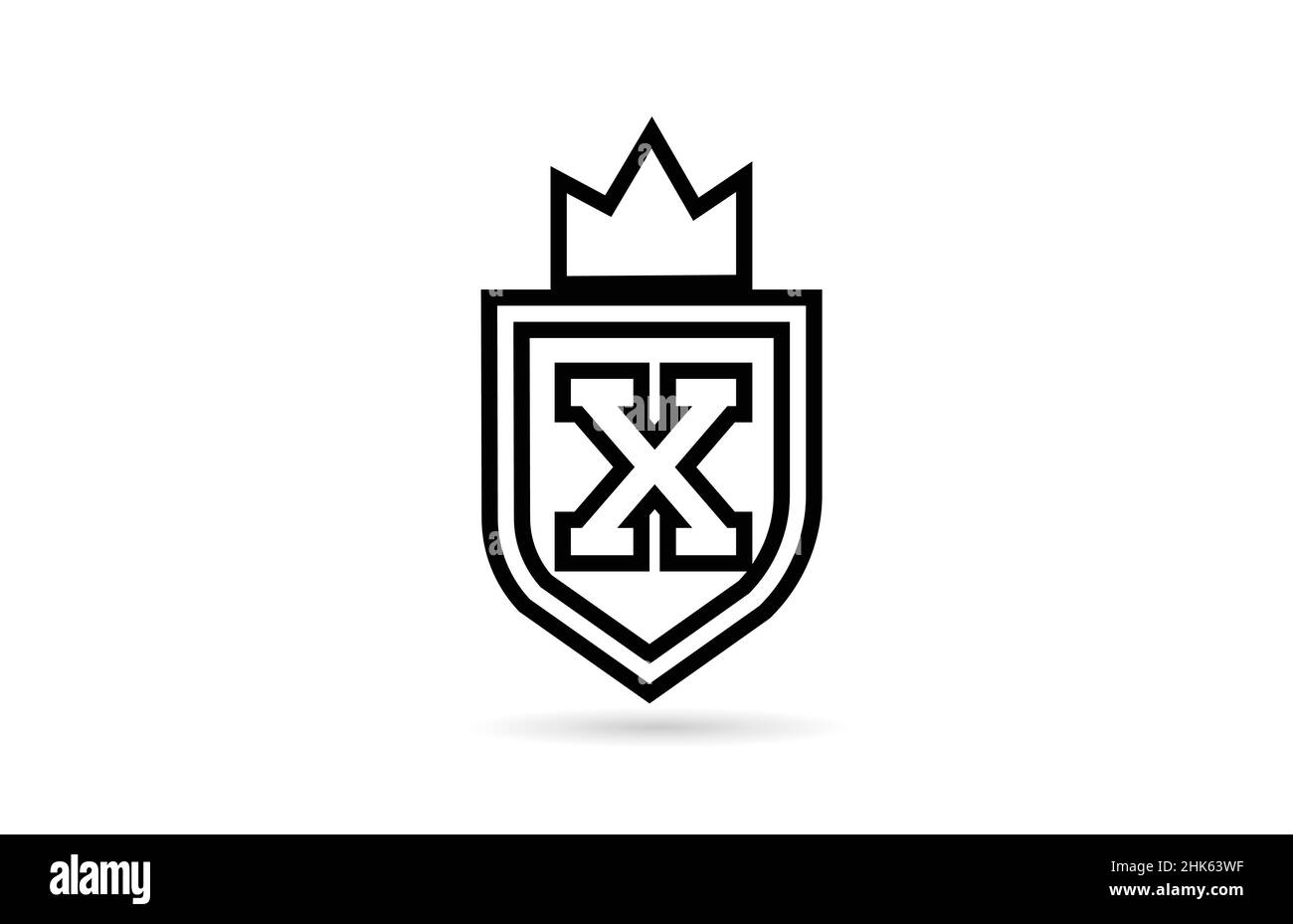 black and white X alphabet letter logo icon with shield and king crown ...