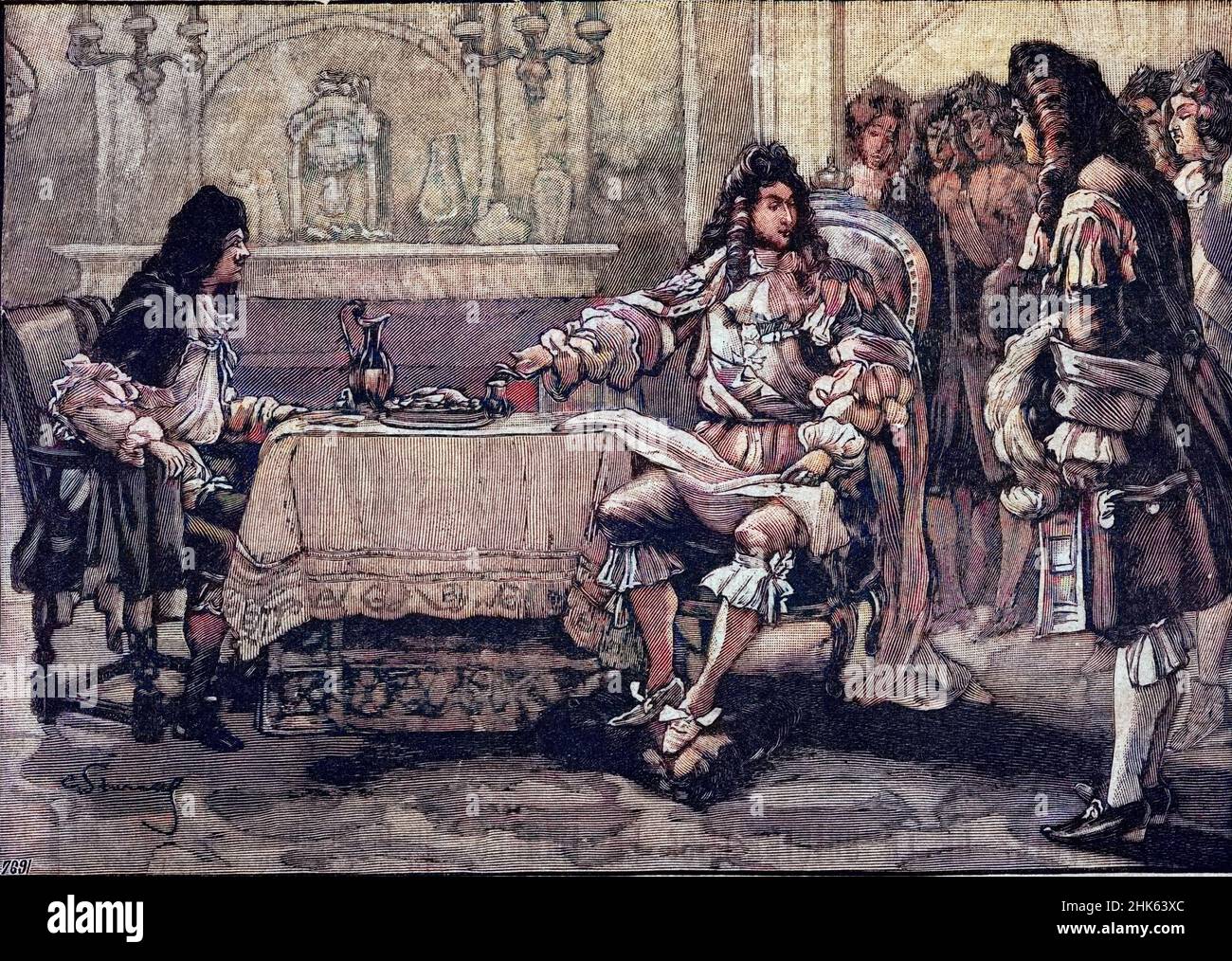 Louis XIV faisant souper Moliere : sous le regard de ses courtisans Louis XIV convie Jean Baptiste Poquelin dit Moliere a sa table pour le diner. Gravure In 'La cuisine des familles' de 1905-1908 Stock Photo