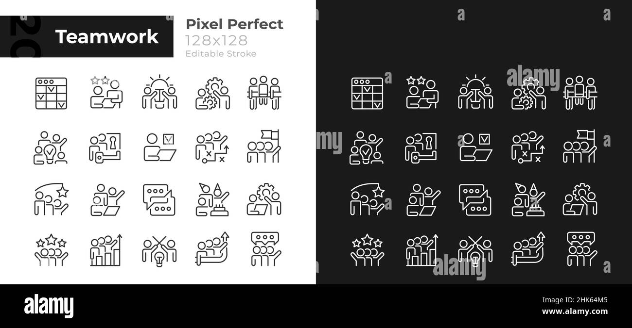 Teamwork pixel perfect linear icons set for dark, light mode Stock ...