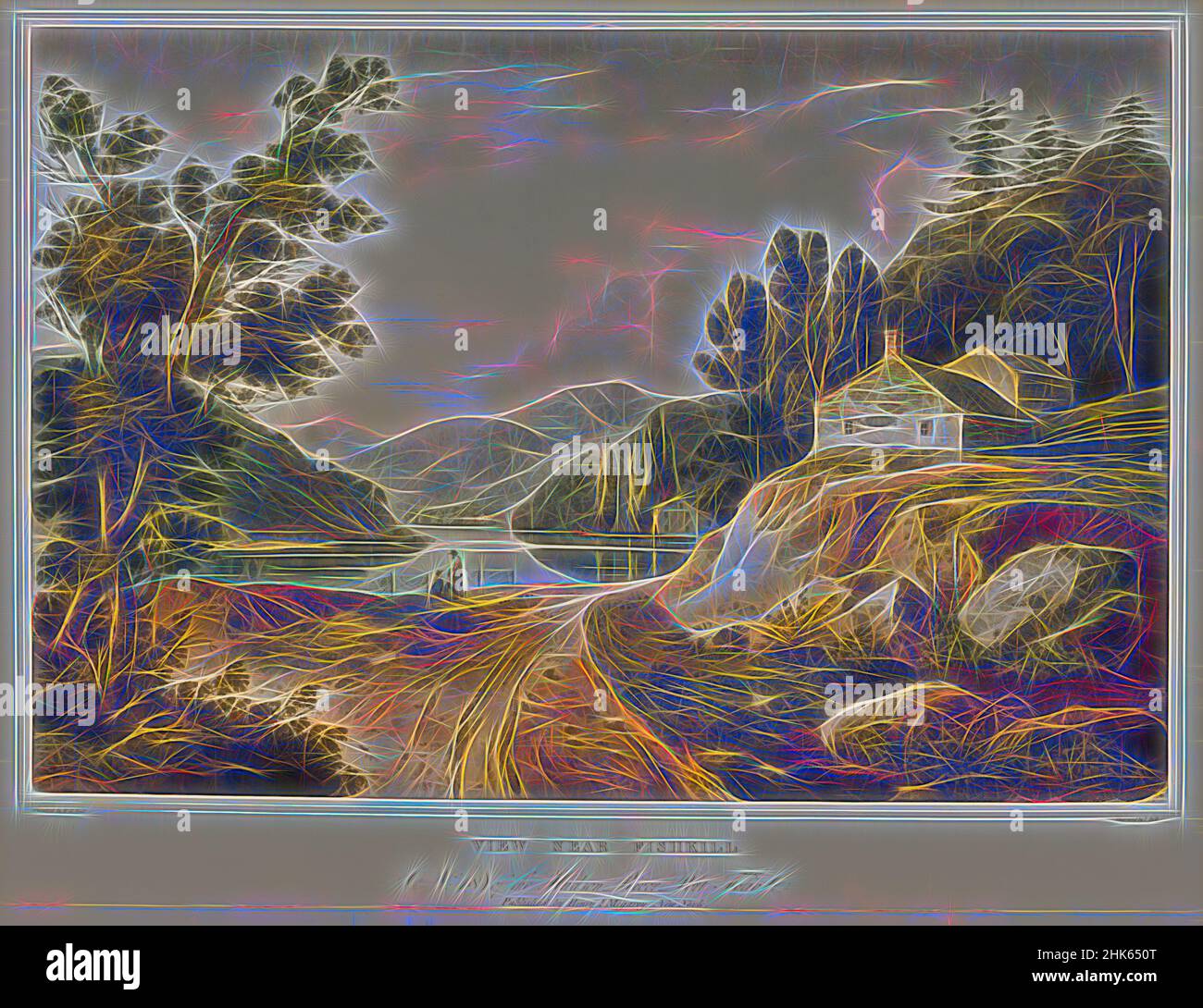 Inspired by View near Fishkill, from 'The Hudson River Portfolio', William Guy Wall, Irish, 1792–after 1864, John Hill, American (born England), 1770–1850, 1823–24, Hand-colored aquatint, etching, and engraving, Fishkill, New York, United States, North and Central America, Prints, image: 16 1/4 x 21, Reimagined by Artotop. Classic art reinvented with a modern twist. Design of warm cheerful glowing of brightness and light ray radiance. Photography inspired by surrealism and futurism, embracing dynamic energy of modern technology, movement, speed and revolutionize culture Stock Photo