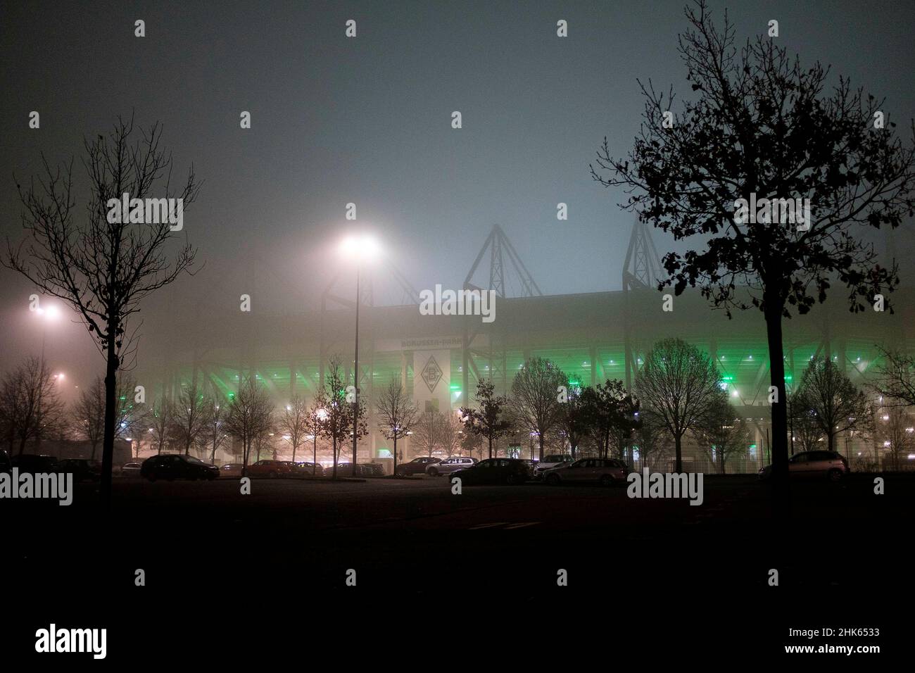 Feature, Borussia Park in the fog from the outside, football 1st Bundesliga, 19th matchday, Borussia Monchengladbach (MG) - Bayer 04 Leverkusen (LEV) 1: 2, on January 15th, 2022 in Borussia Monchengladbach/Germany. #DFL regulations prohibit any use of photographs as image sequences and/or quasi-video # Â Stock Photo