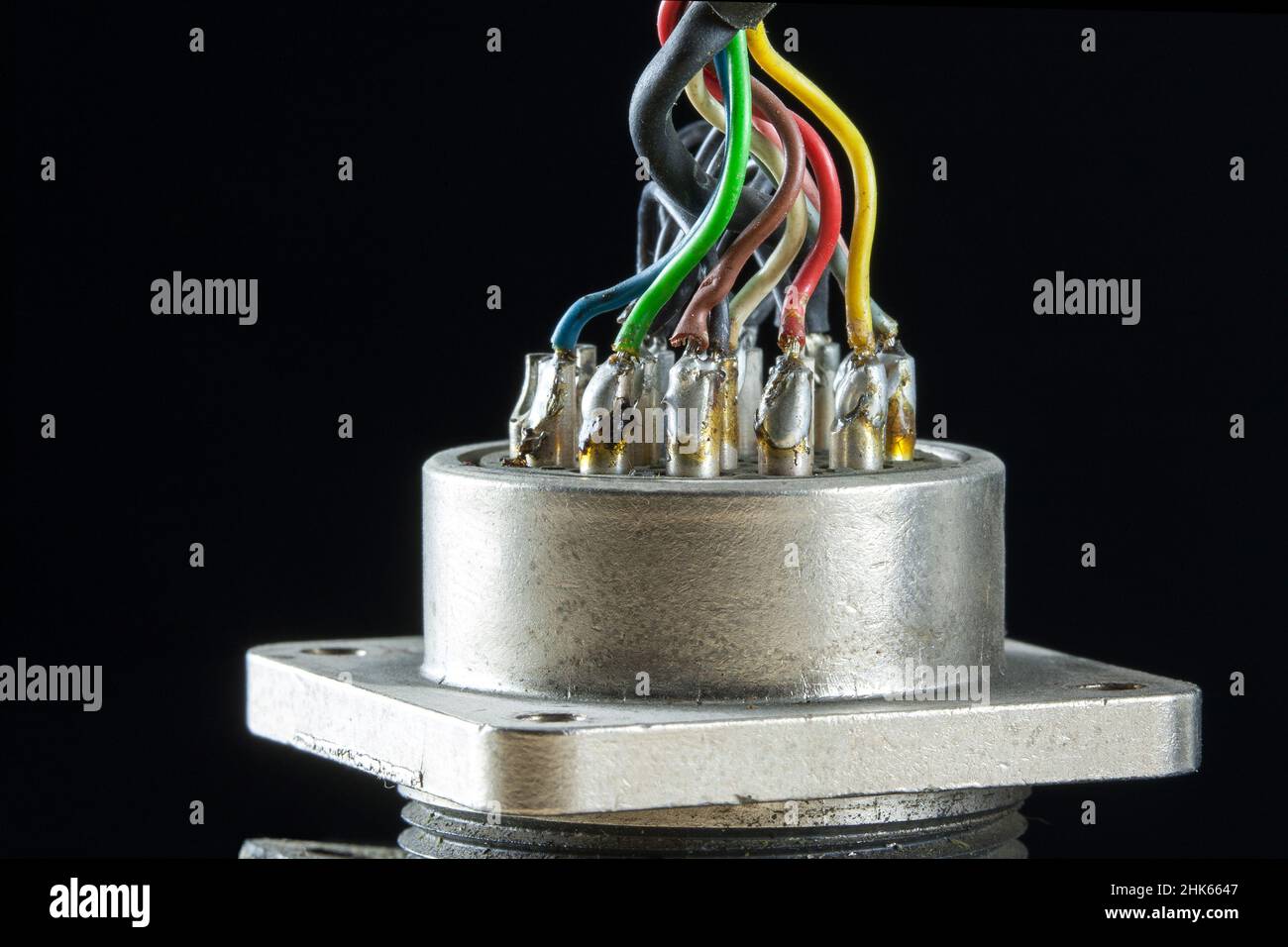 Solder joints. Soldered cables on the connector of a measuring system