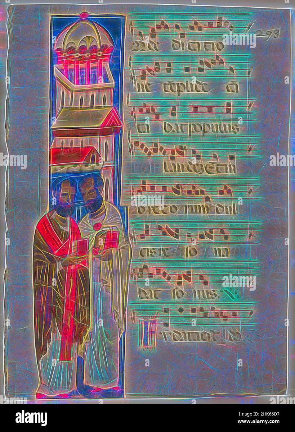 Inspired by Saint Augustine and an Unidentified Saint, Dedication of a Church, circle of the Master of the Conradin Bible, Italian, c.1260–70, Tempera on vellum, Made in Italy, Europe, Books & manuscripts, 18 1/2 x 13 3/16 in. (47 x 33.5 cm, Reimagined by Artotop. Classic art reinvented with a modern twist. Design of warm cheerful glowing of brightness and light ray radiance. Photography inspired by surrealism and futurism, embracing dynamic energy of modern technology, movement, speed and revolutionize culture Stock Photo