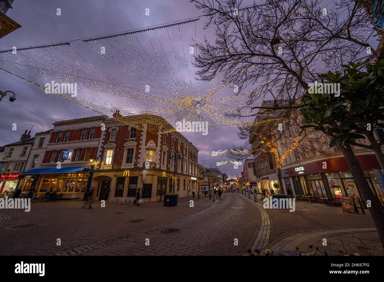 Christmas Lights on New Road in Gravesend town centre, Kent Stock Photo