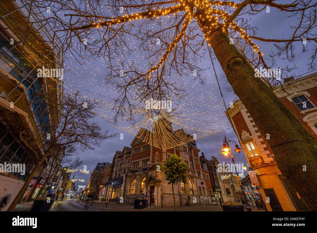 Christmas Lights on New Road in Gravesend town centre, Kent Stock Photo